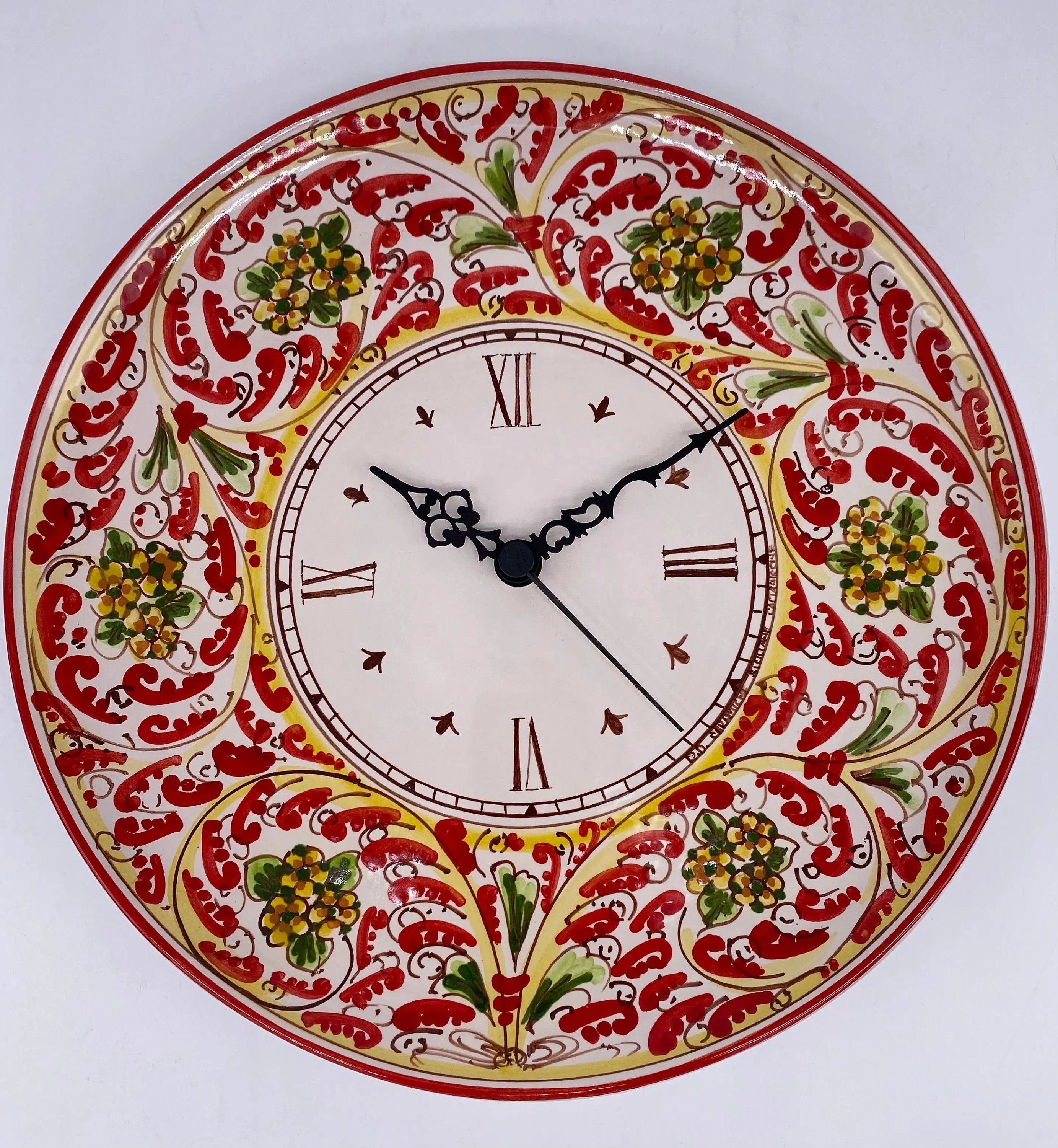 Orologio da Parete Ceramica Caltagirone Rotondo dipinto a mano cm D.30 Decoro n.6 DD CERAMICHE SICILIANE