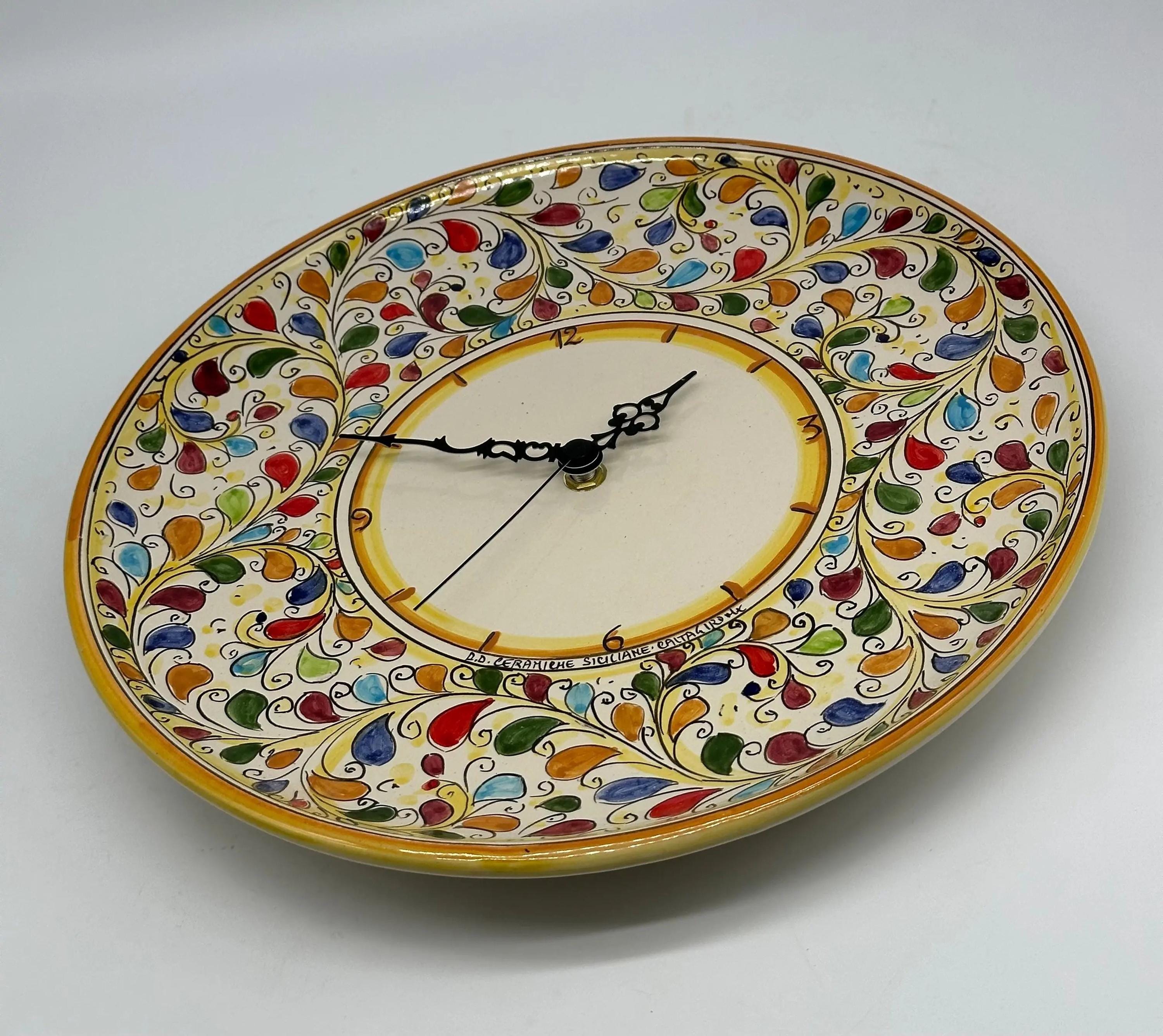Orologio da Parete Ceramica Caltagirone Rotondo dipinto a mano cm D.30 Decoro n.11g DD CERAMICHE SICILIANE