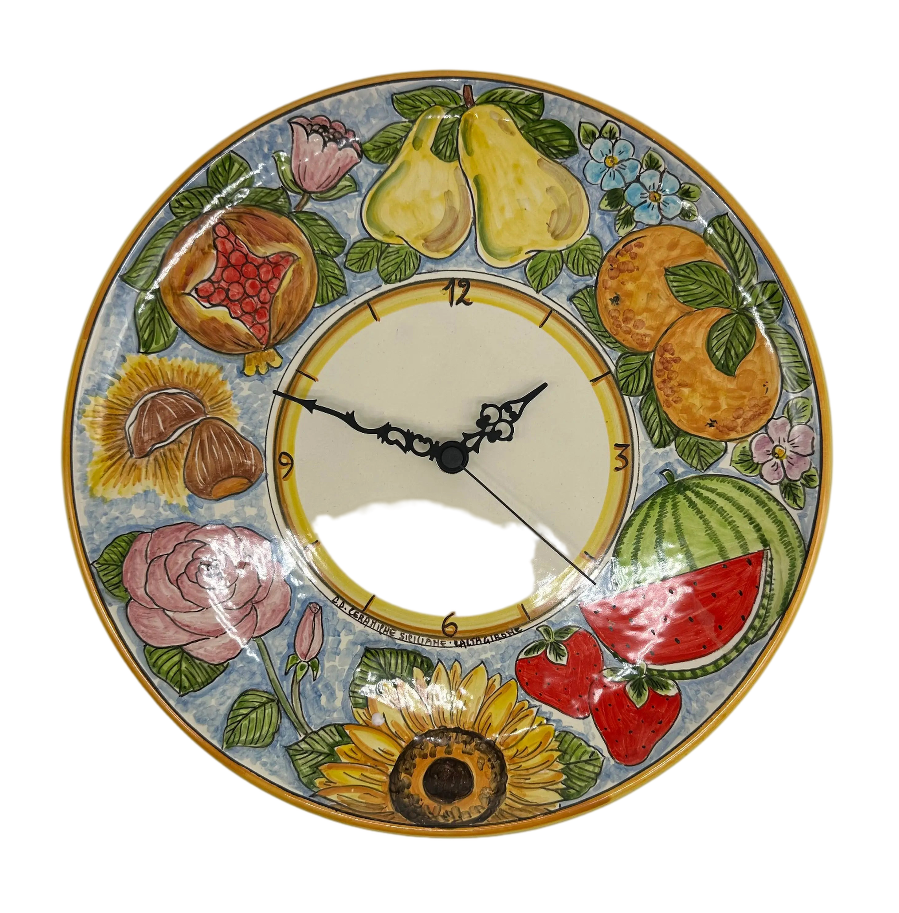 Orologio da Parete Ceramica Caltagirone Rotondo dipinto a mano cm D.30 Decoro n.12g DD CERAMICHE SICILIANE