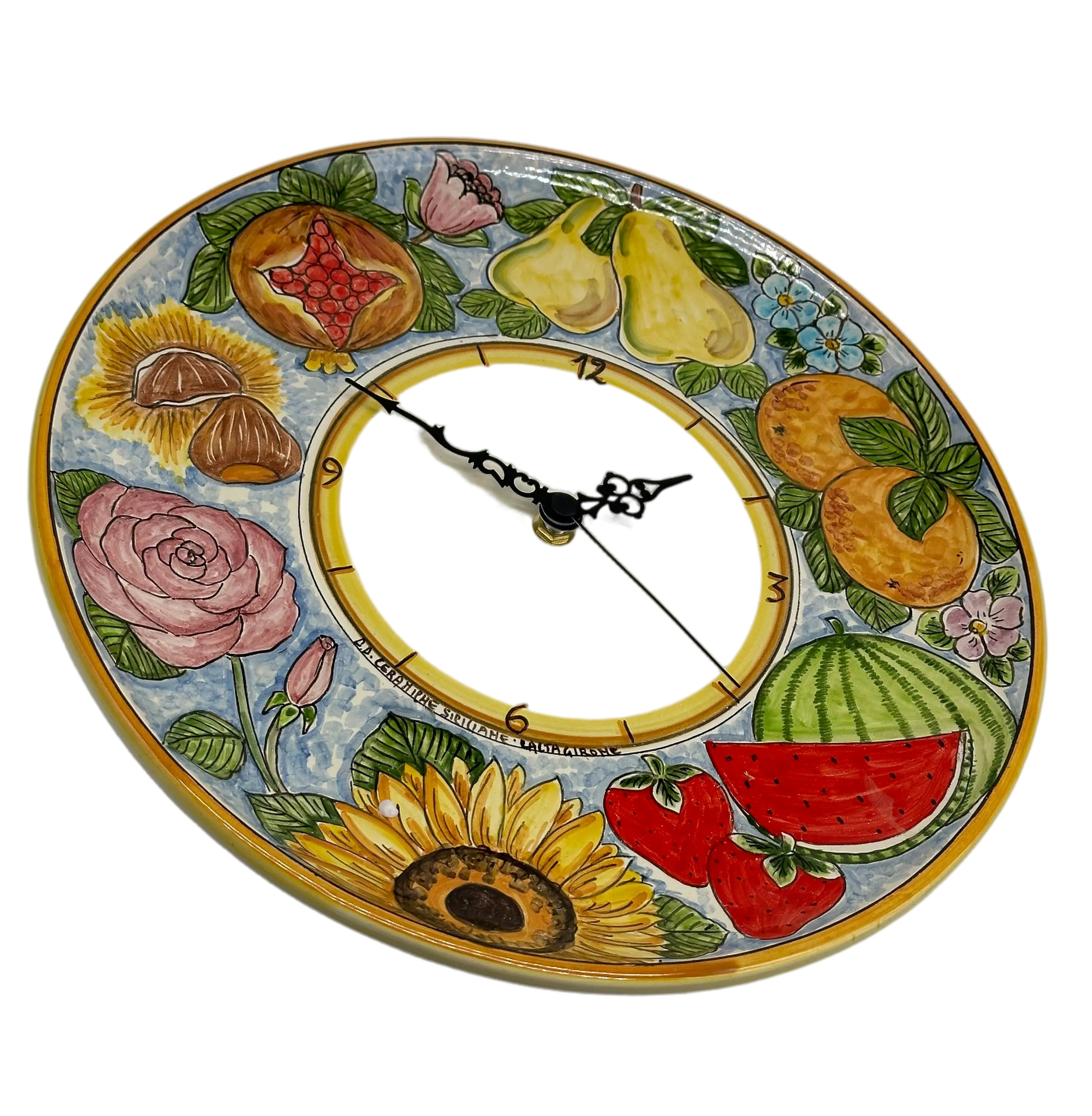 Orologio da Parete Ceramica Caltagirone Rotondo dipinto a mano cm D.30 Decoro n.12g DD CERAMICHE SICILIANE