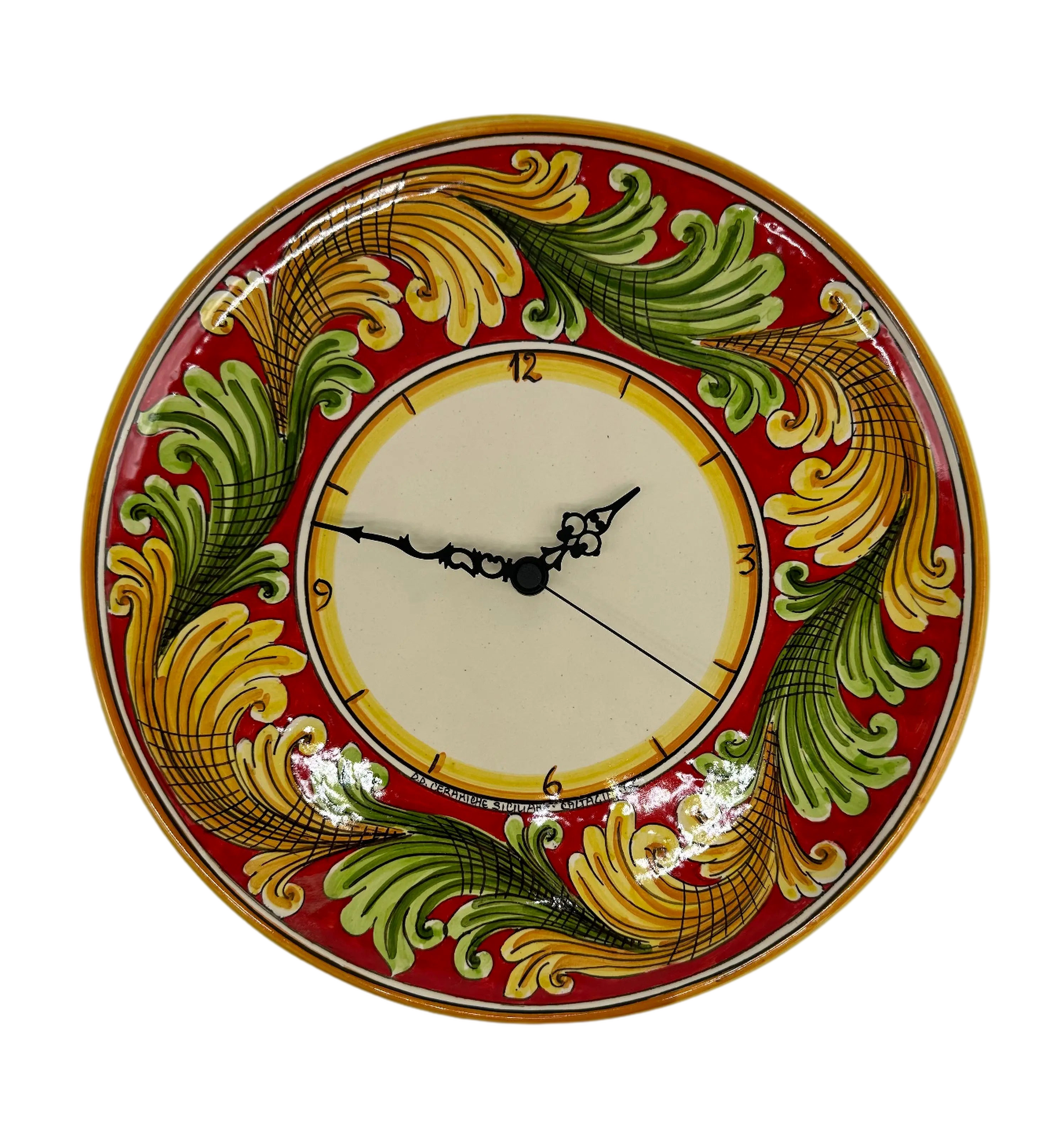 Orologio da Parete Ceramica Caltagirone Rotondo dipinto a mano cm D.30 Decoro n.9g DD CERAMICHE SICILIANE