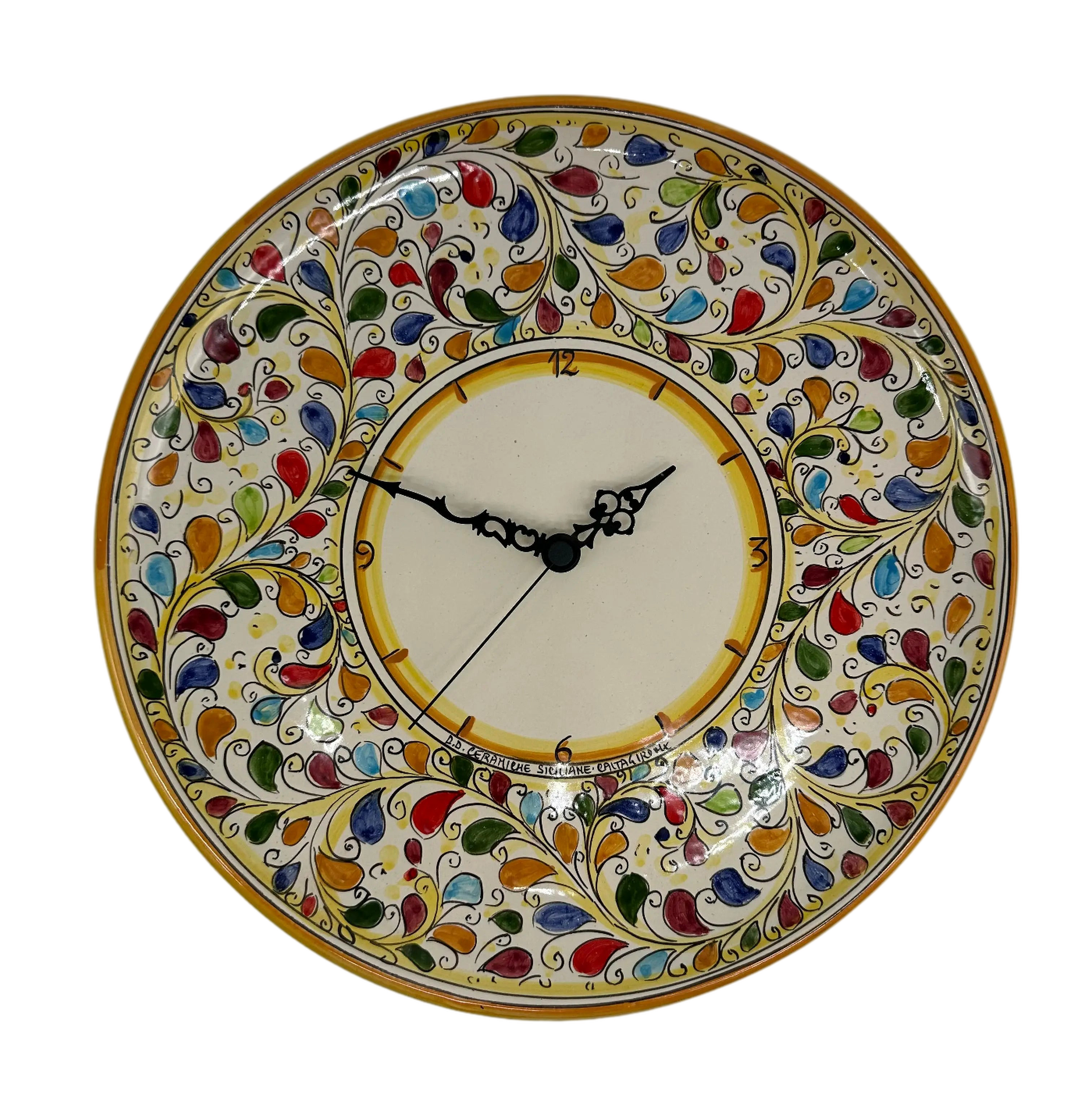Orologio da Parete Ceramica Caltagirone Rotondo dipinto a mano cm D.30 Decoro n.11g DD CERAMICHE SICILIANE