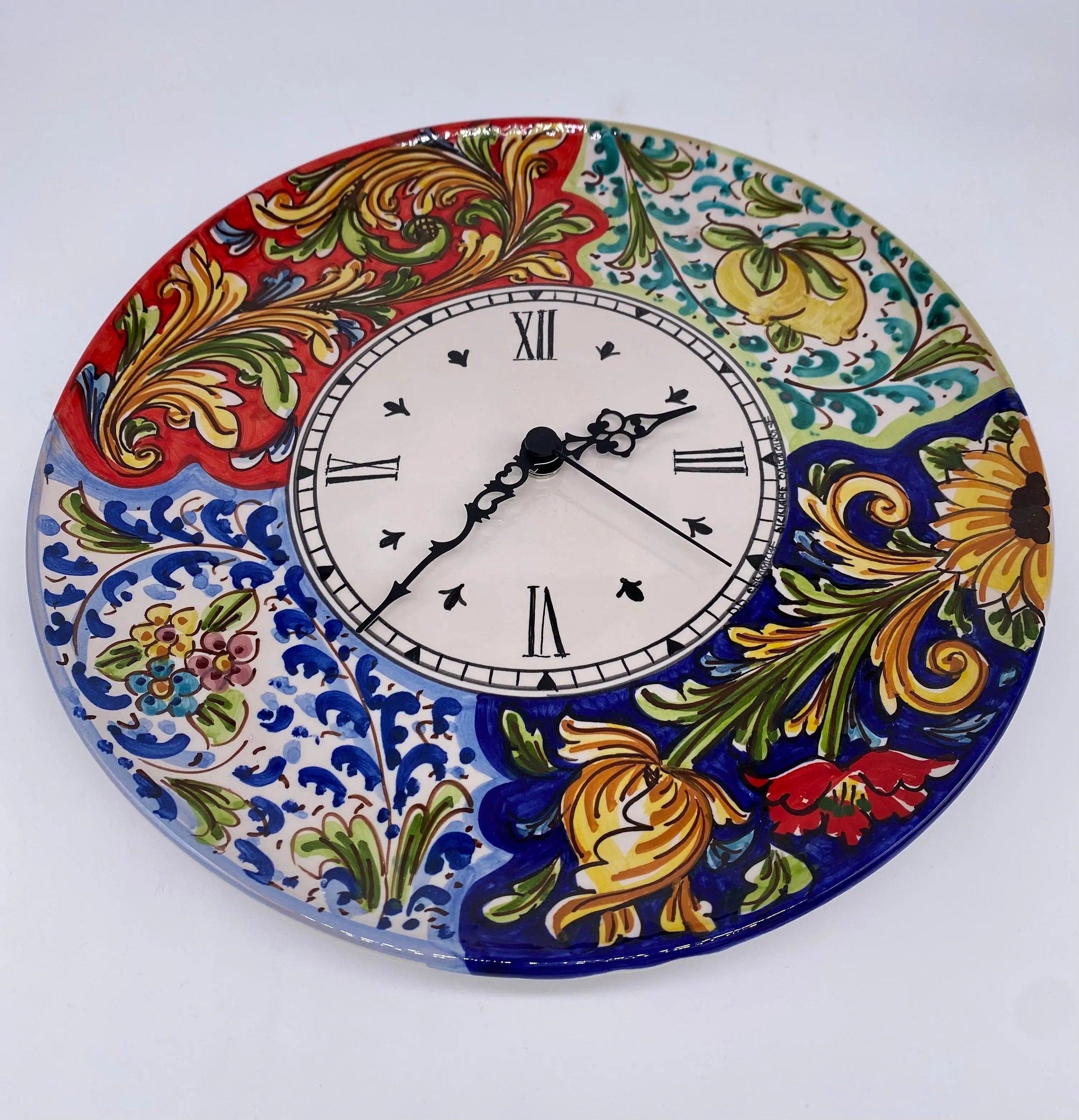 Orologio da Parete Ceramica Caltagirone Rotondo dipinto a mano cm D.30 Decoro n.3 DD CERAMICHE SICILIANE