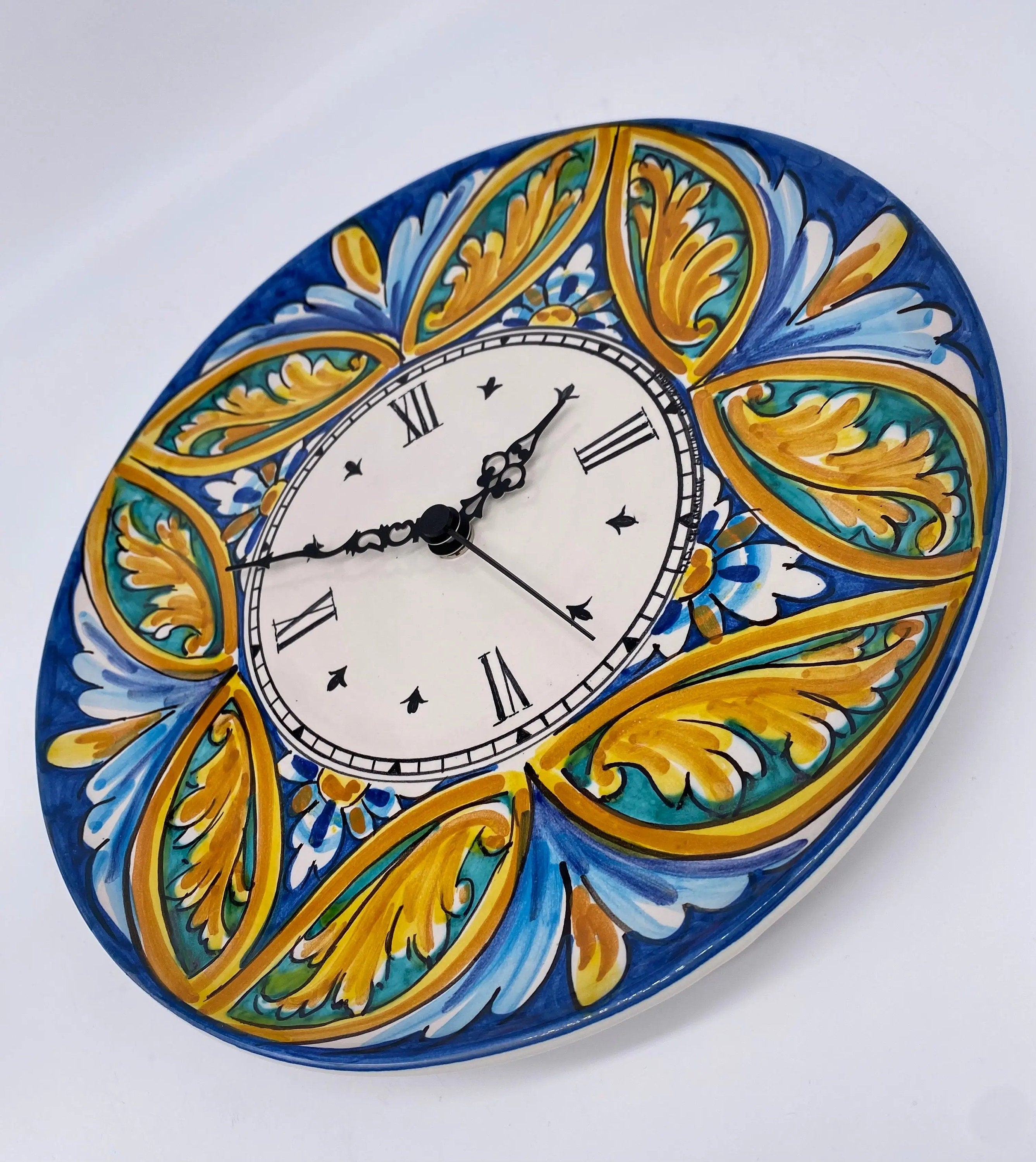 Orologio da Parete Ceramica Caltagirone Rotondo dipinto a mano cm D.30 Decoro n.4 DD CERAMICHE SICILIANE