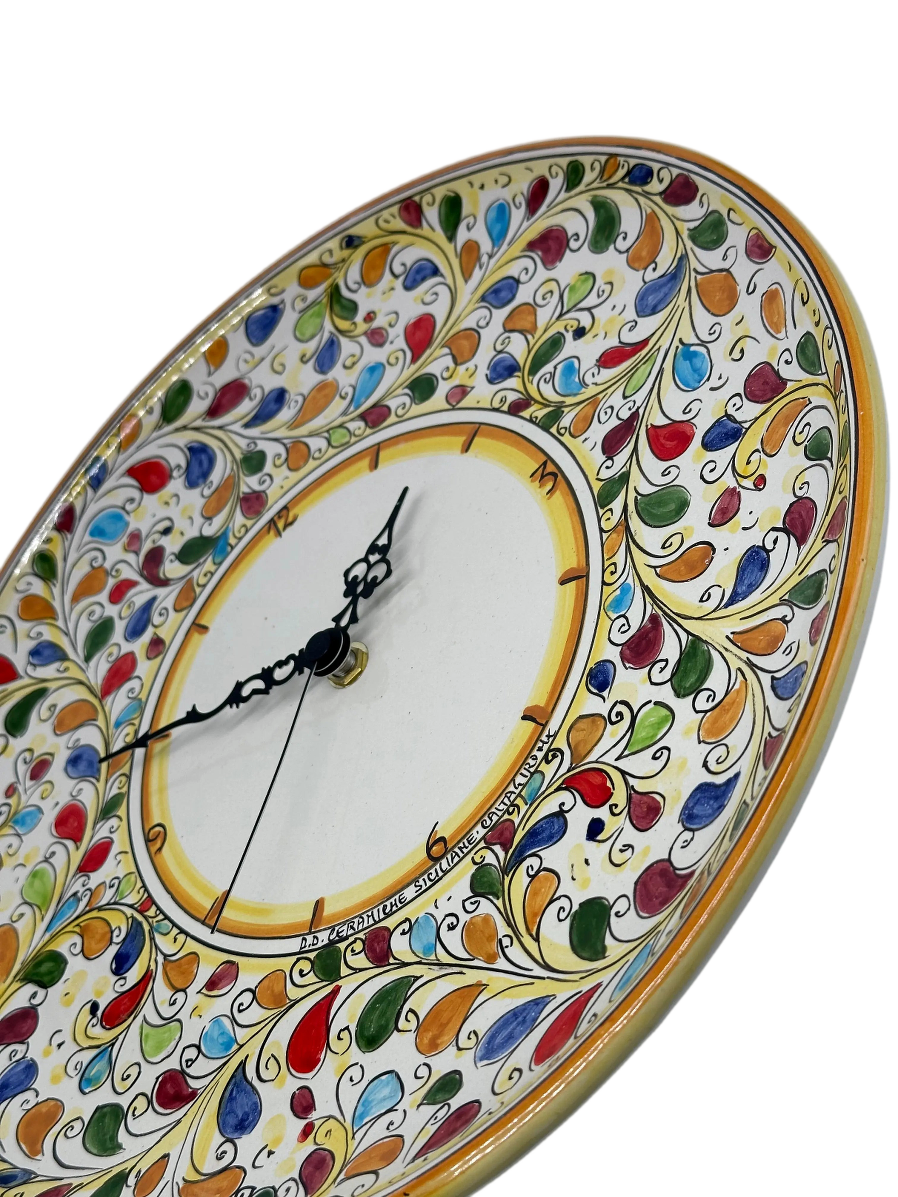 Orologio da Parete Ceramica Caltagirone Rotondo dipinto a mano cm D.30 Decoro n.11g DD CERAMICHE SICILIANE