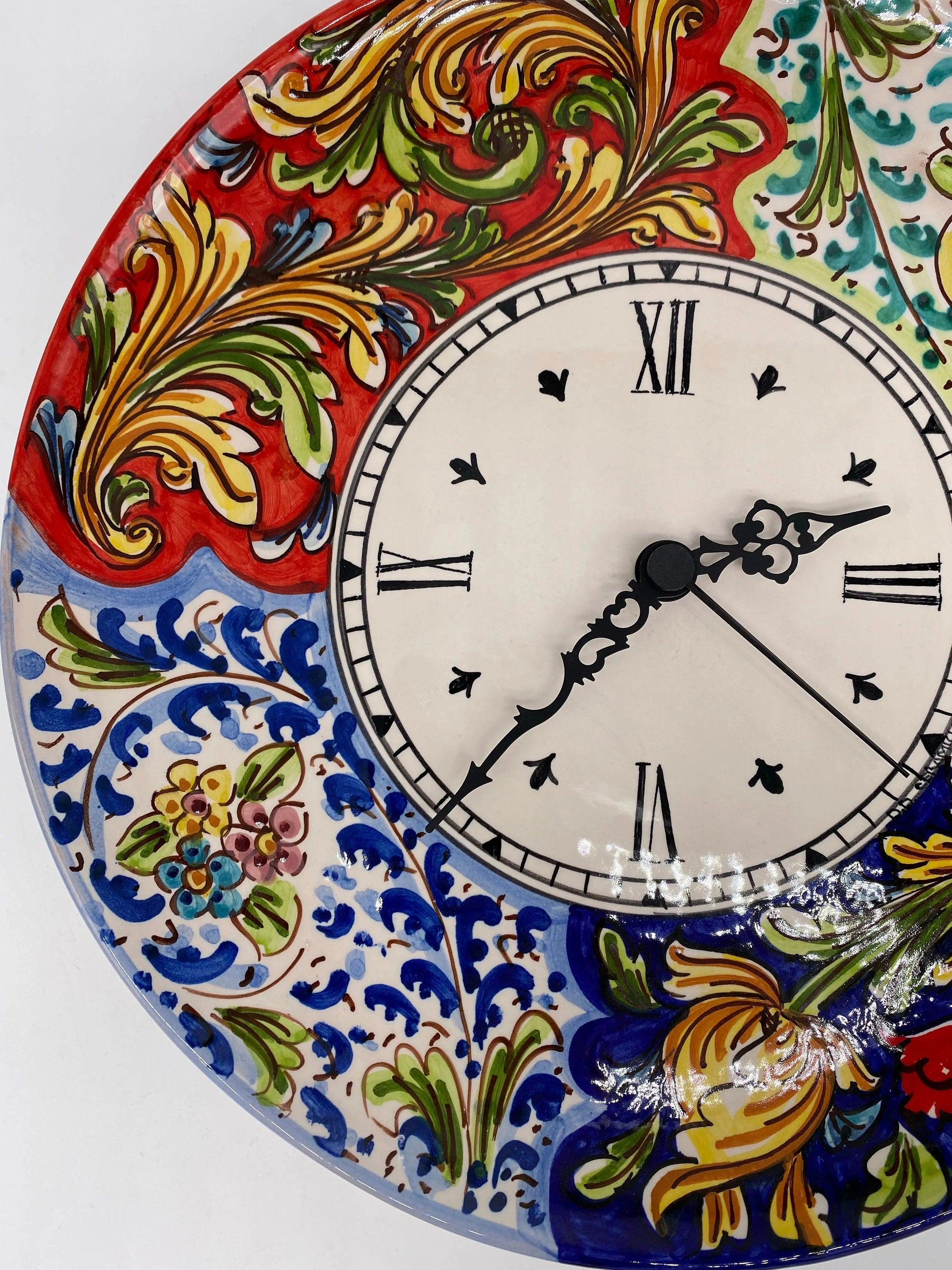 Orologio da Parete Ceramica Caltagirone Rotondo dipinto a mano cm D.30 Decoro n.3 DD CERAMICHE SICILIANE