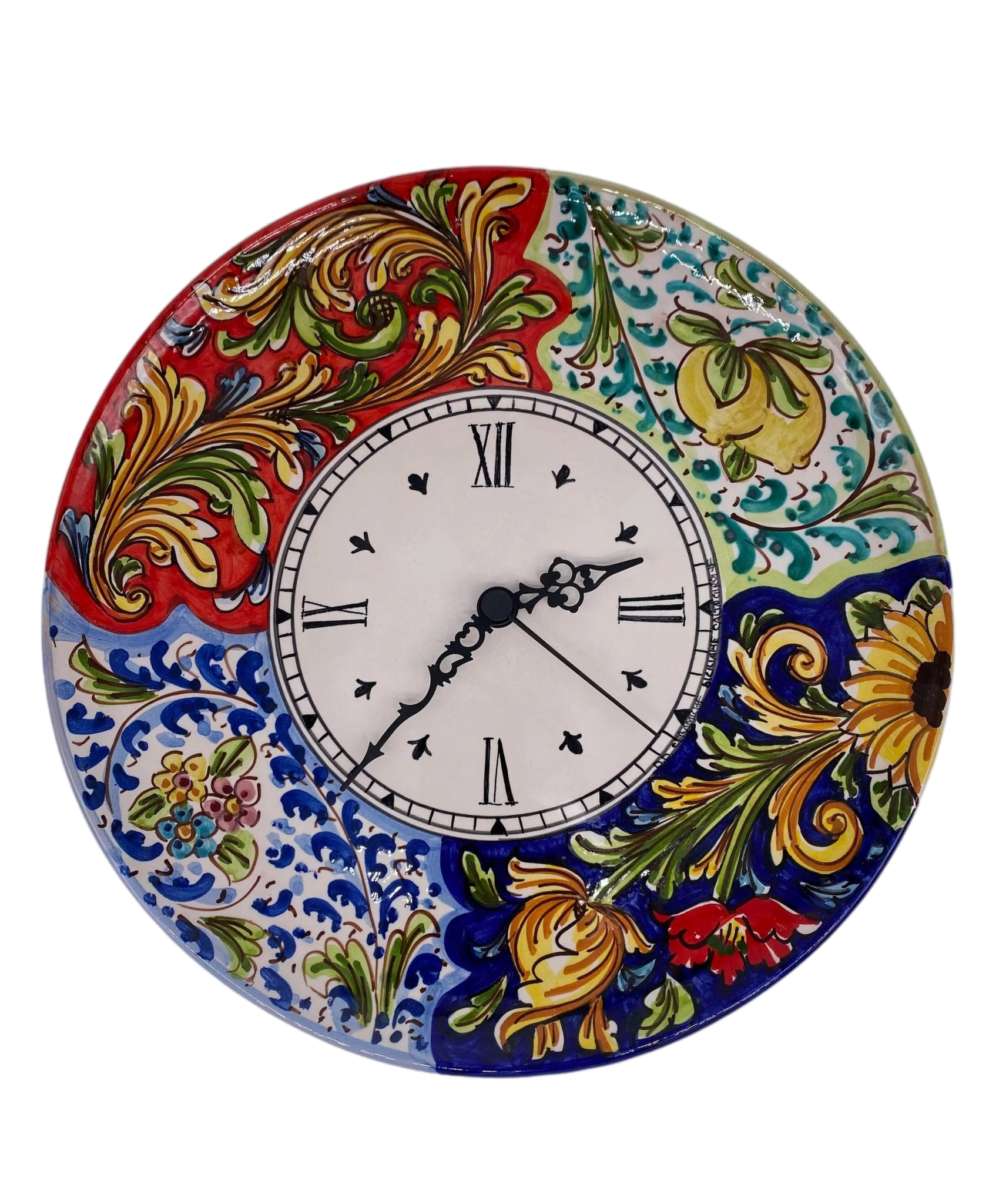 Orologio da Parete Ceramica Caltagirone Rotondo dipinto a mano cm D.30 Decoro n.3 - DD CERAMICHE SICILIANE