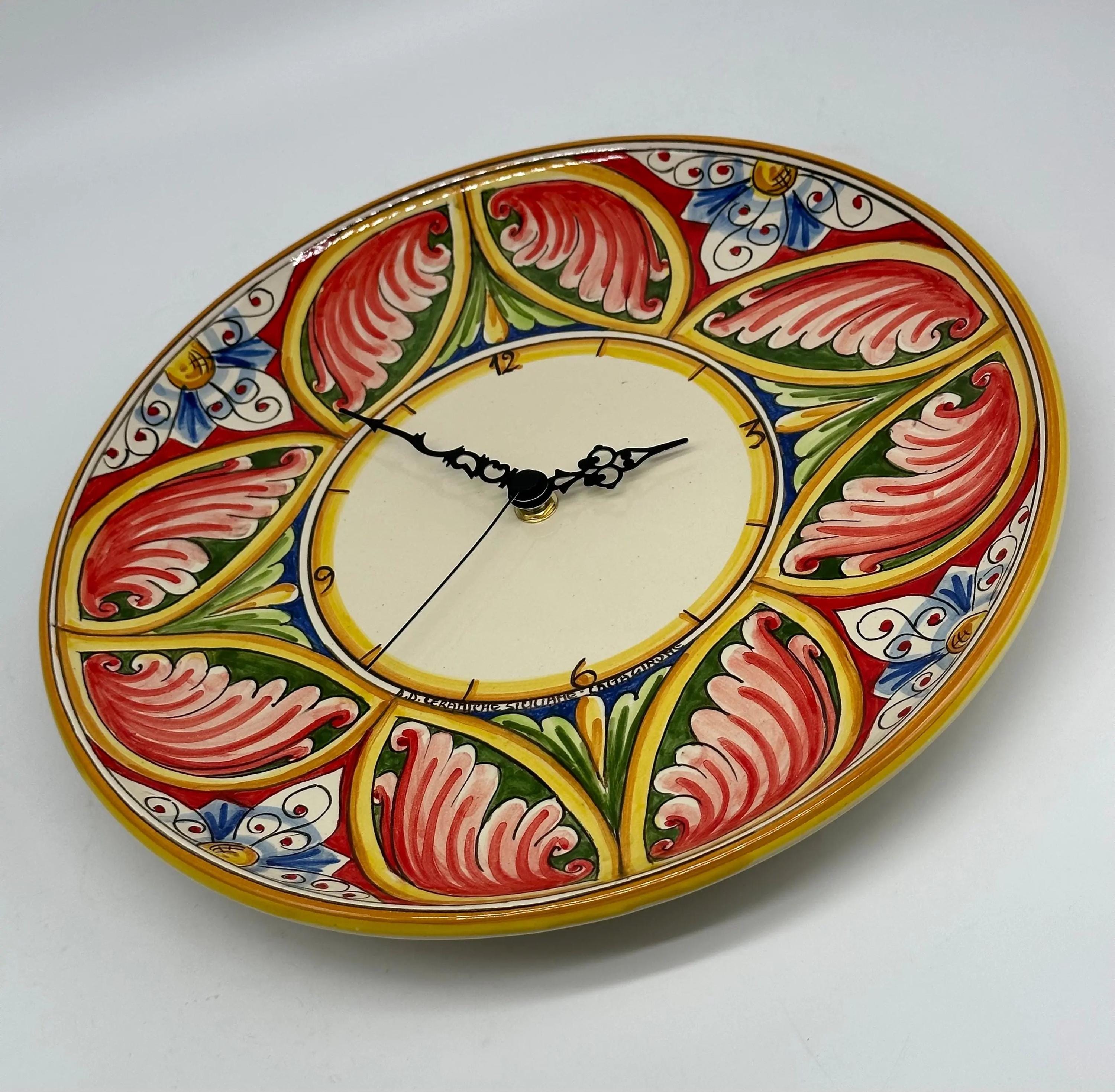 Orologio da Parete Ceramica Caltagirone Rotondo dipinto a mano cm D.30 Decoro n.8g DD CERAMICHE SICILIANE