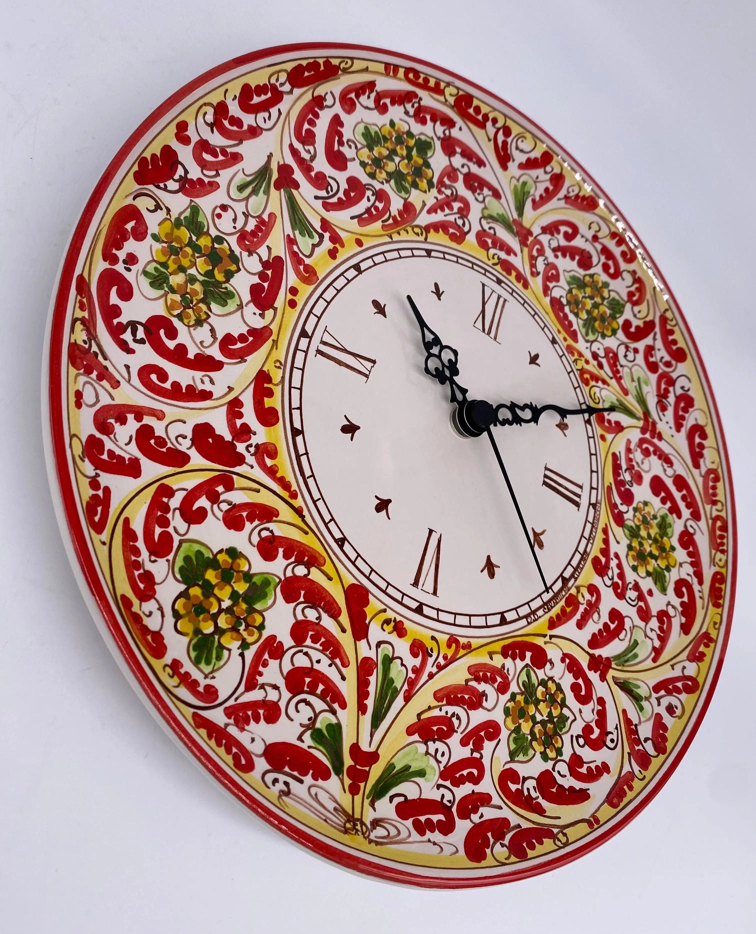 Orologio da Parete Ceramica Caltagirone Rotondo dipinto a mano cm D.30 Decoro n.6 DD CERAMICHE SICILIANE