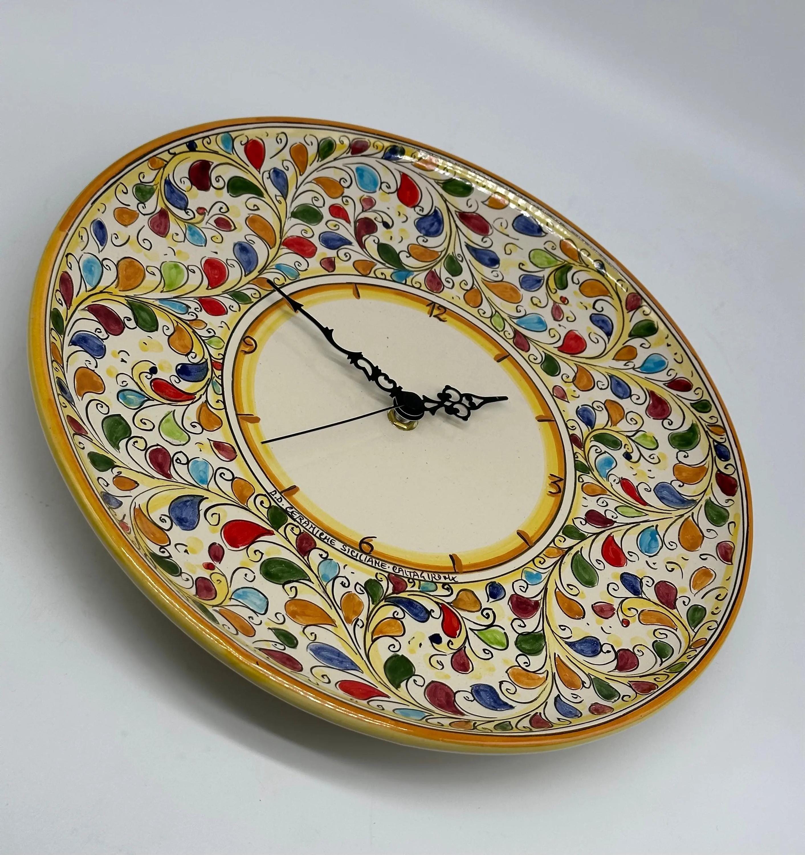 Orologio da Parete Ceramica Caltagirone Rotondo dipinto a mano cm D.30 Decoro n.11g DD CERAMICHE SICILIANE