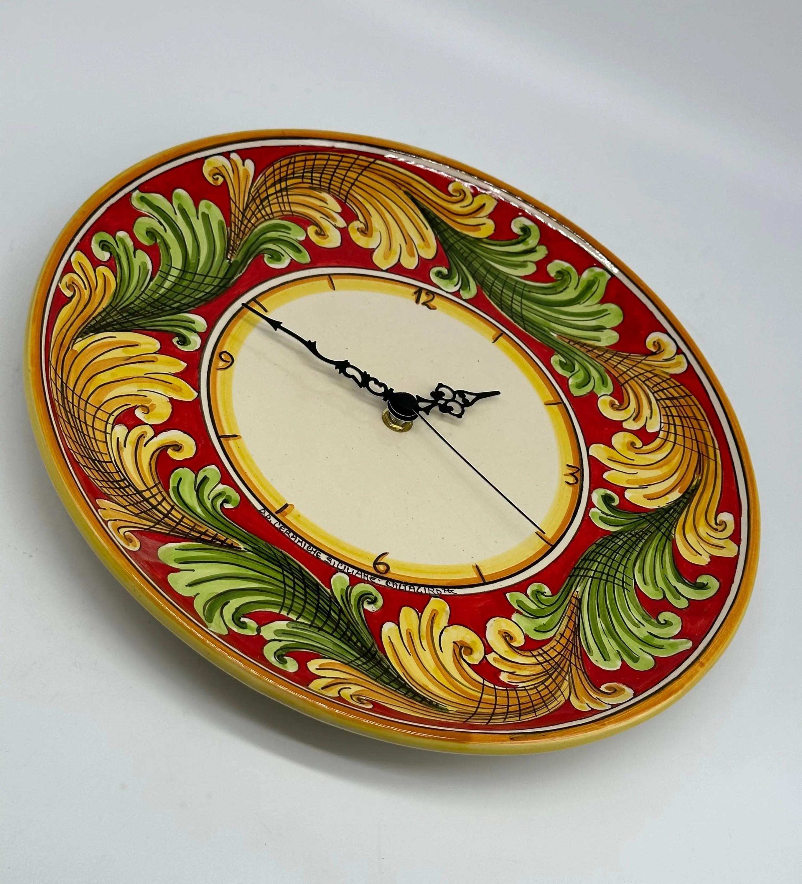 Orologio da Parete Ceramica Caltagirone Rotondo dipinto a mano cm D.30 Decoro n.9g DD CERAMICHE SICILIANE