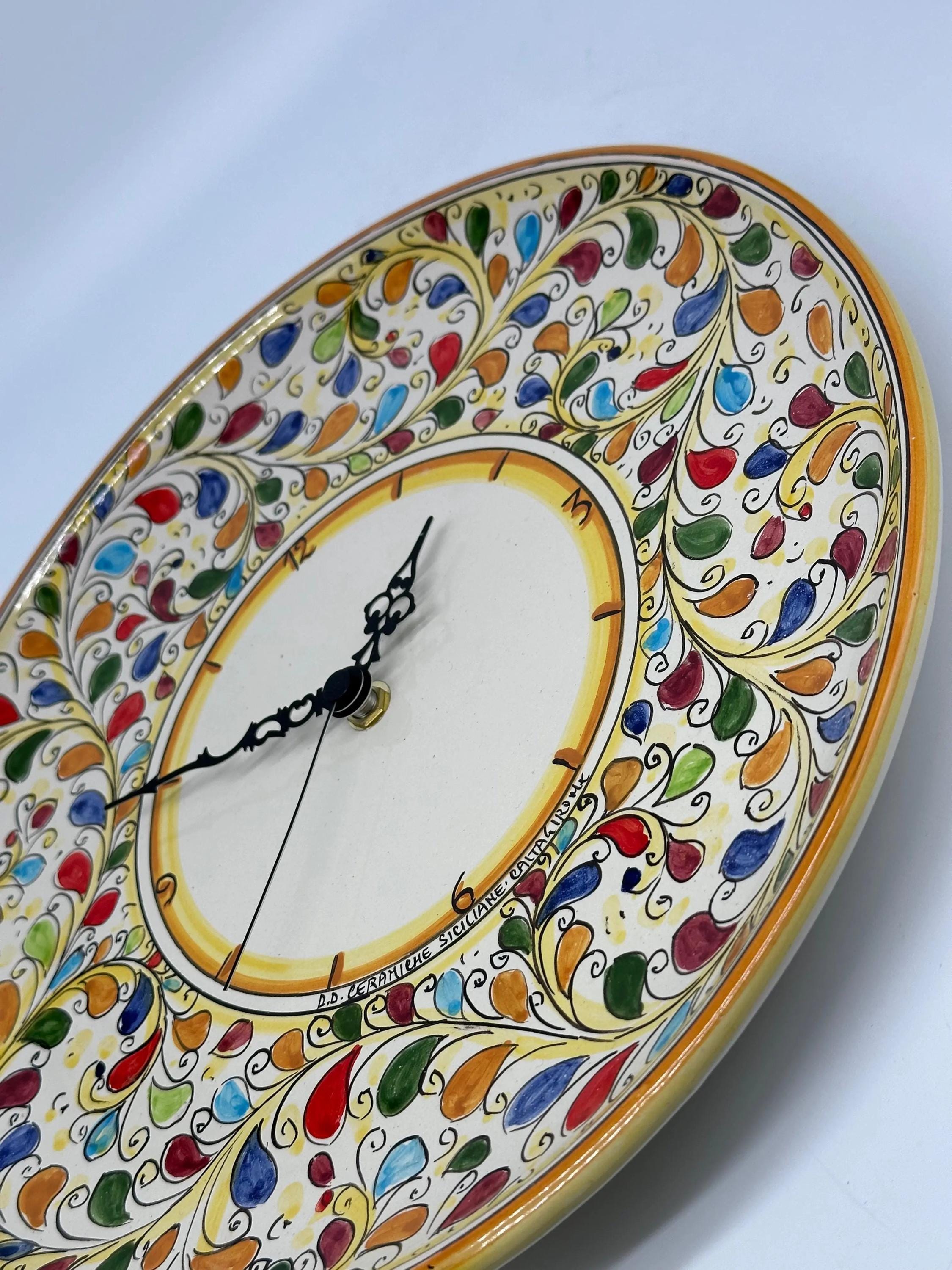 Orologio da Parete Ceramica Caltagirone Rotondo dipinto a mano cm D.30 Decoro n.11g DD CERAMICHE SICILIANE