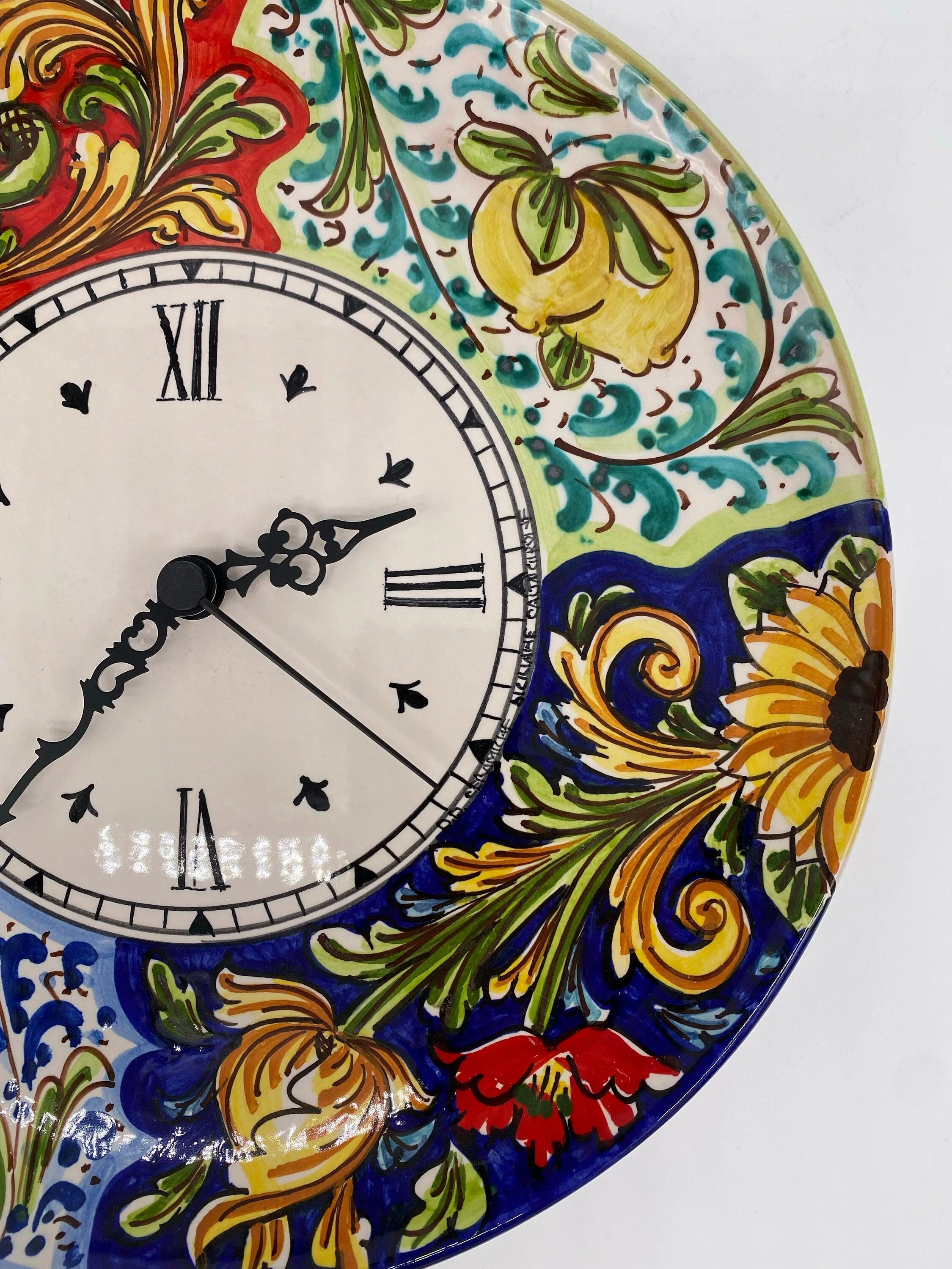 Orologio da Parete Ceramica Caltagirone Rotondo dipinto a mano cm D.30 Decoro n.3 DD CERAMICHE SICILIANE