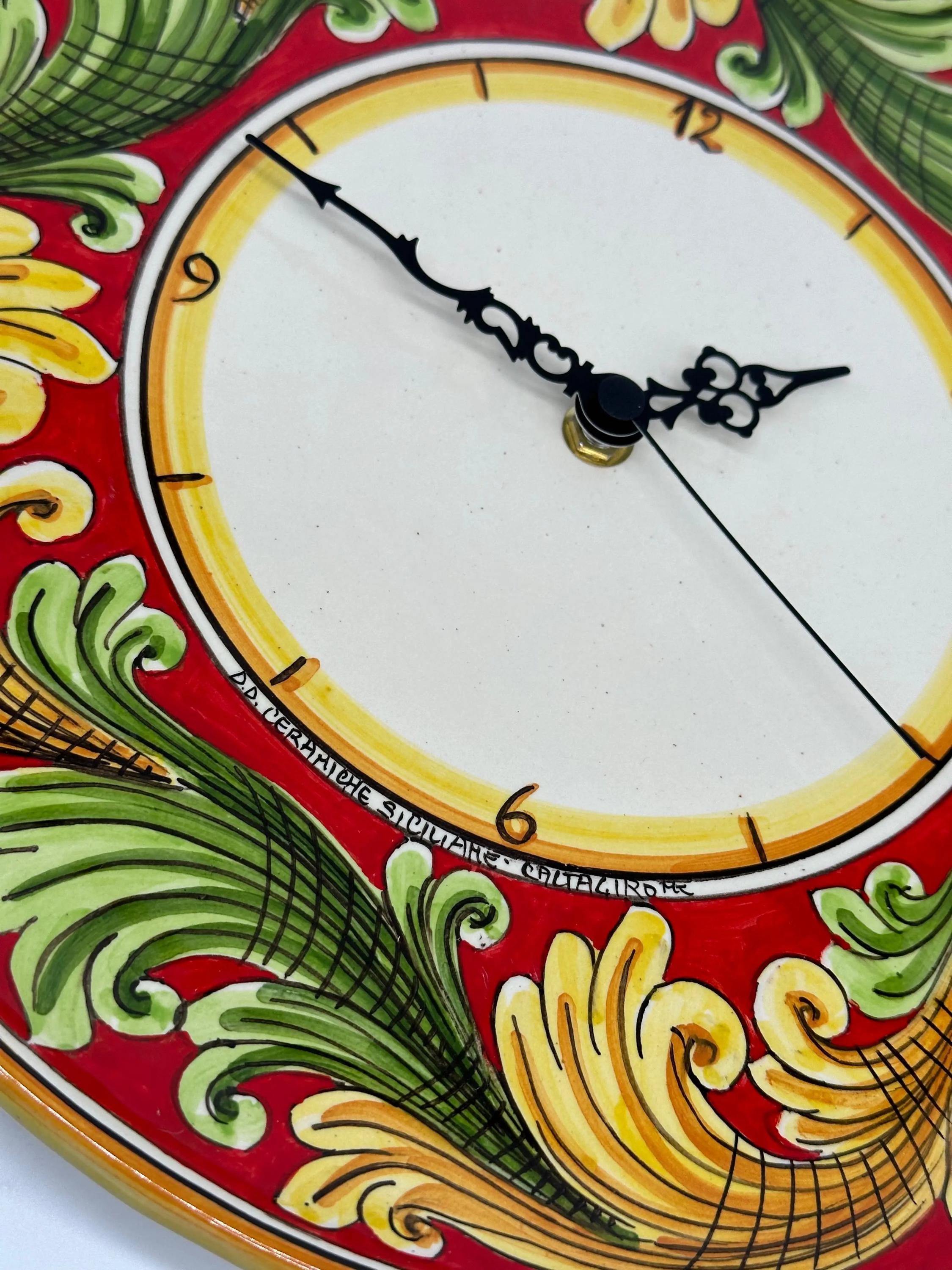Orologio da Parete Ceramica Caltagirone Rotondo dipinto a mano cm D.30 Decoro n.9g DD CERAMICHE SICILIANE