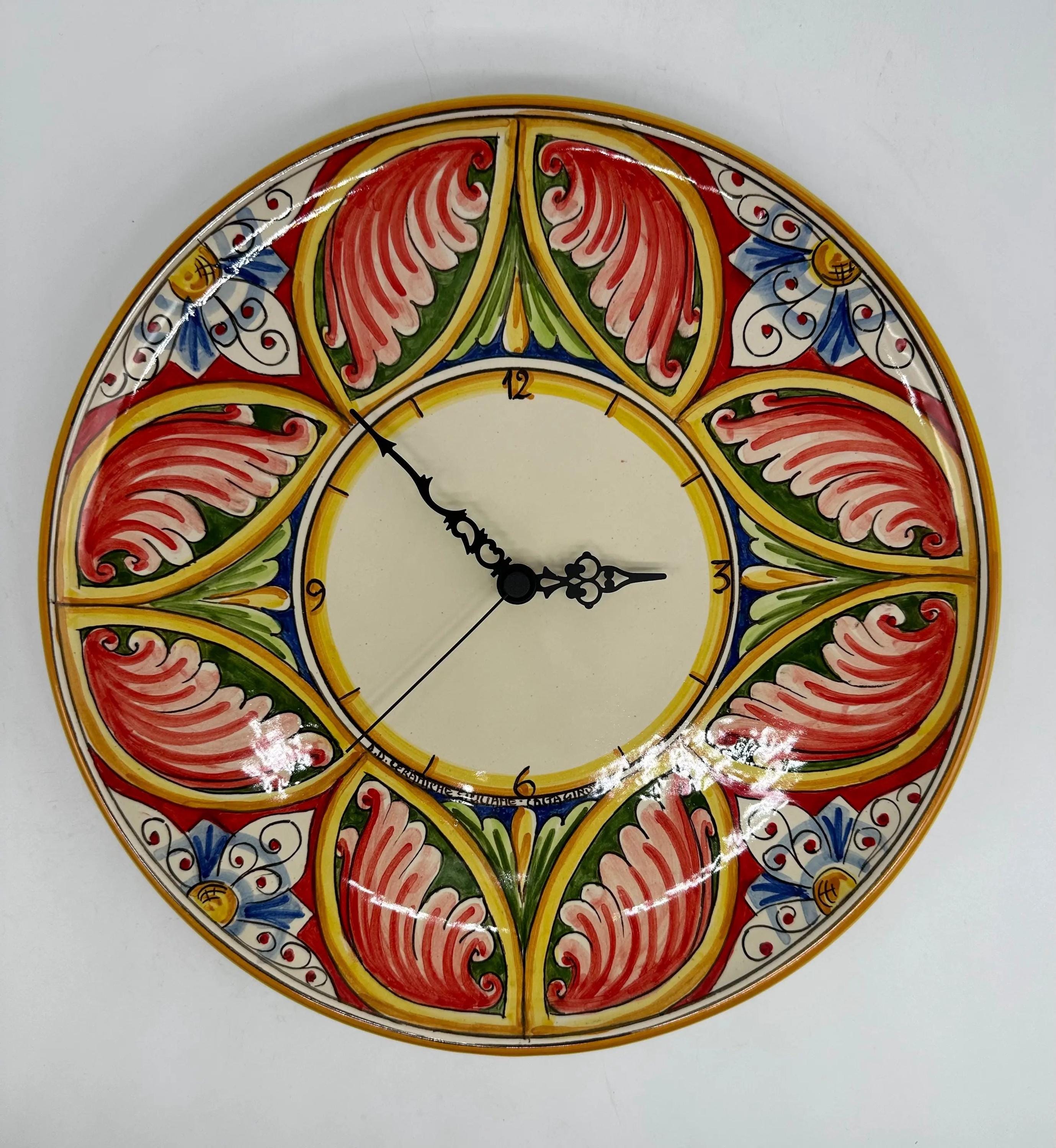 Orologio da Parete Ceramica Caltagirone Rotondo dipinto a mano cm D.30 Decoro n.8g DD CERAMICHE SICILIANE