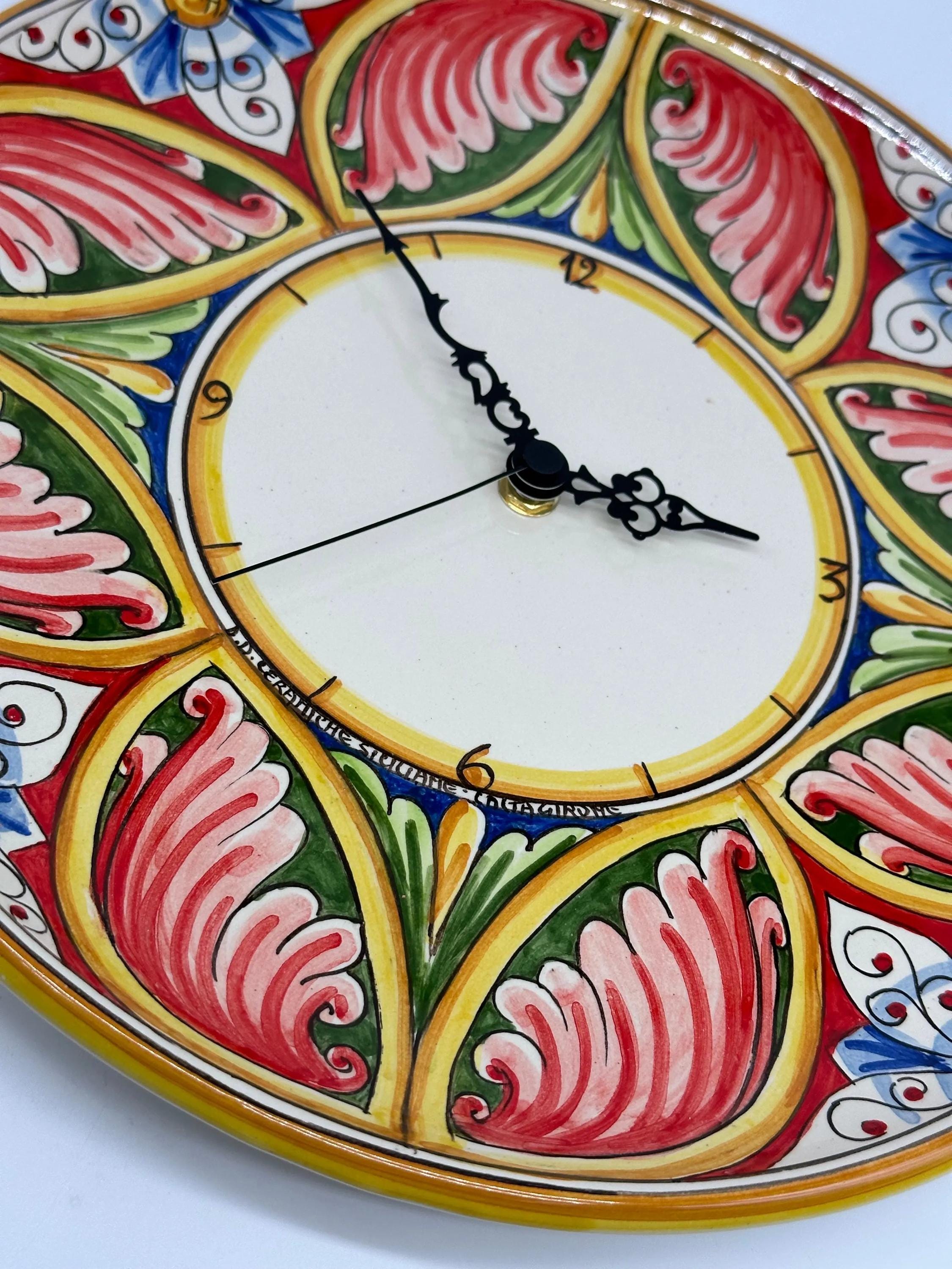 Orologio da Parete Ceramica Caltagirone Rotondo dipinto a mano cm D.30 Decoro n.8g DD CERAMICHE SICILIANE