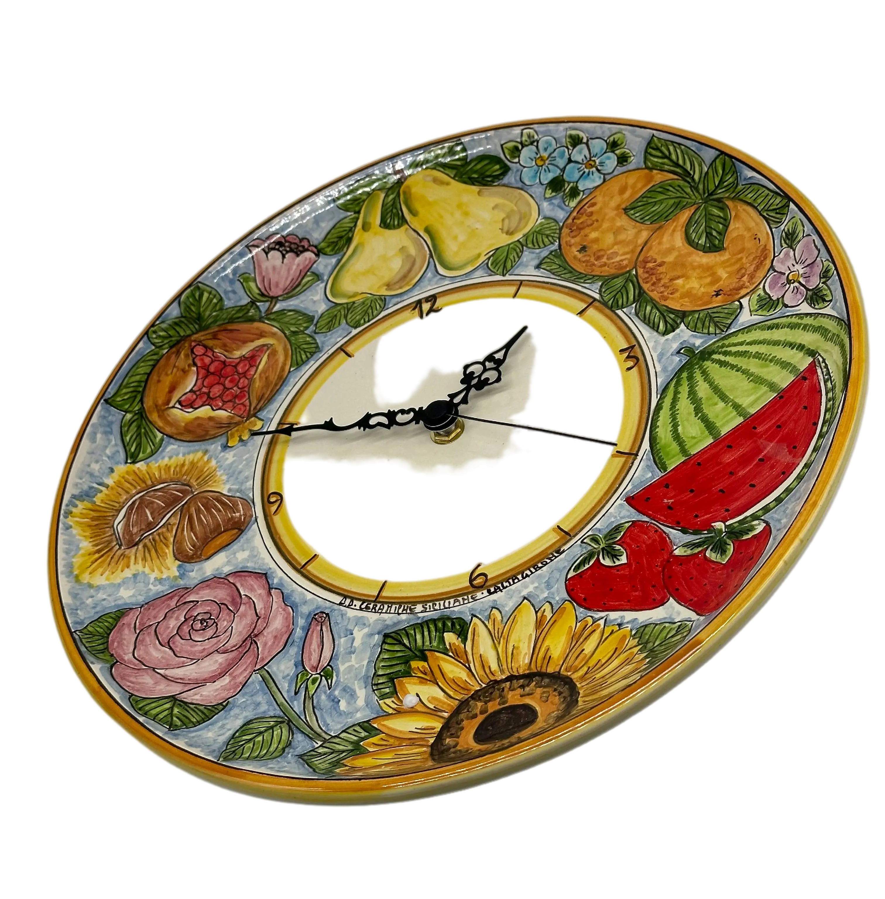 Orologio da Parete Ceramica Caltagirone Rotondo dipinto a mano cm D.30 Decoro n.12g DD CERAMICHE SICILIANE