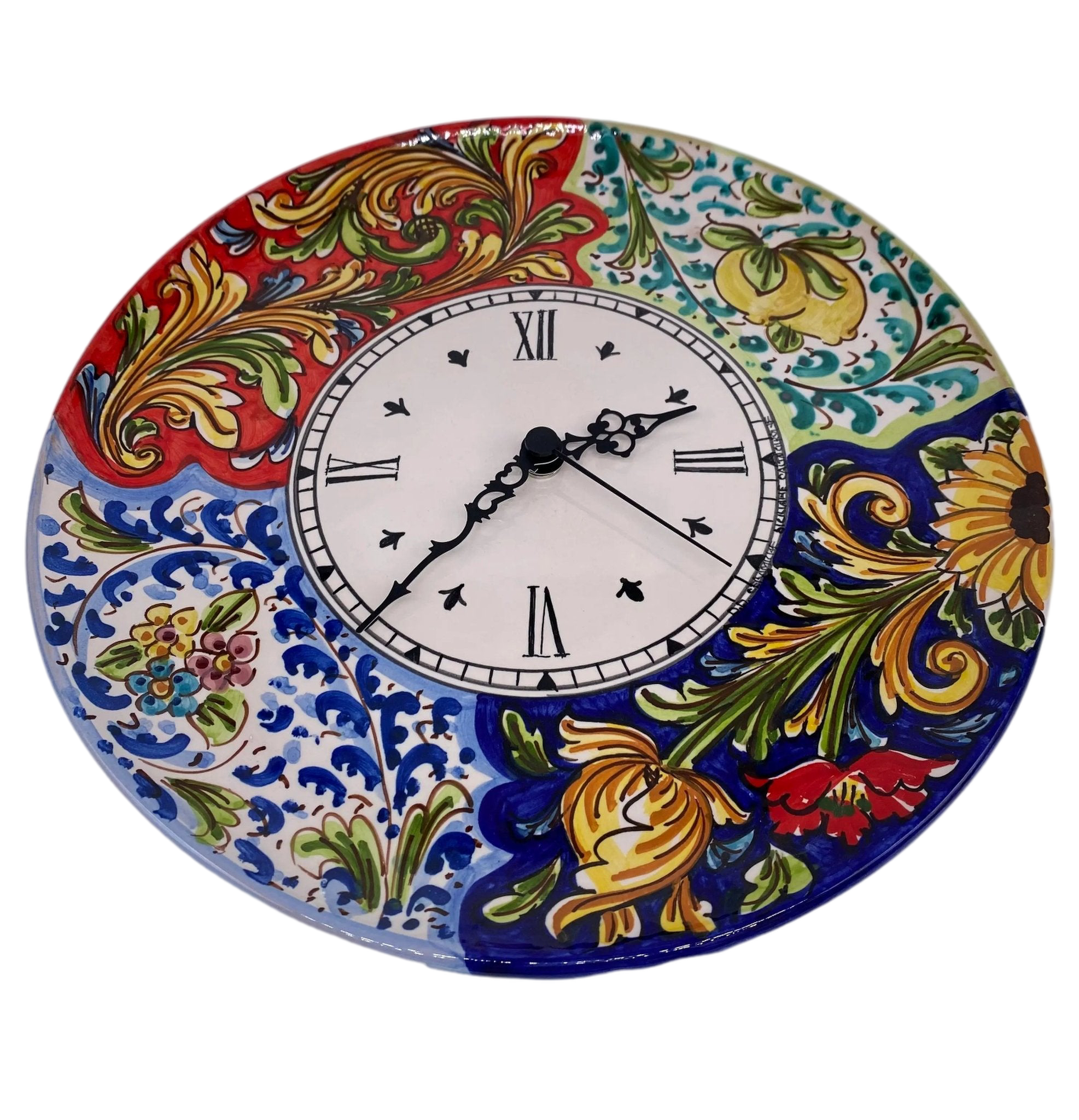 Orologio da Parete Ceramica Caltagirone Rotondo dipinto a mano cm D.30 Decoro n.3 - DD CERAMICHE SICILIANE