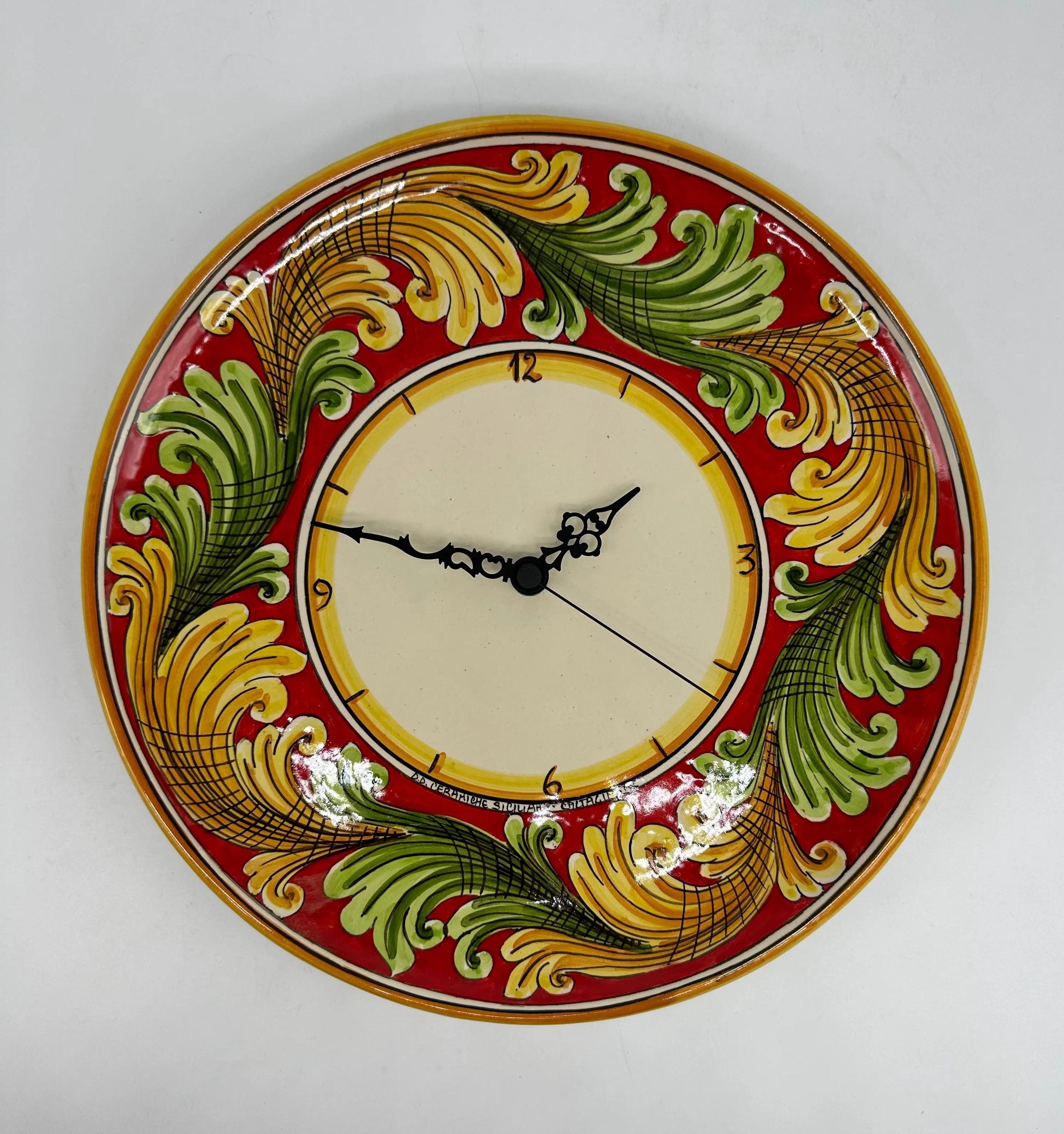 Orologio da Parete Ceramica Caltagirone Rotondo dipinto a mano cm D.30 Decoro n.9g DD CERAMICHE SICILIANE