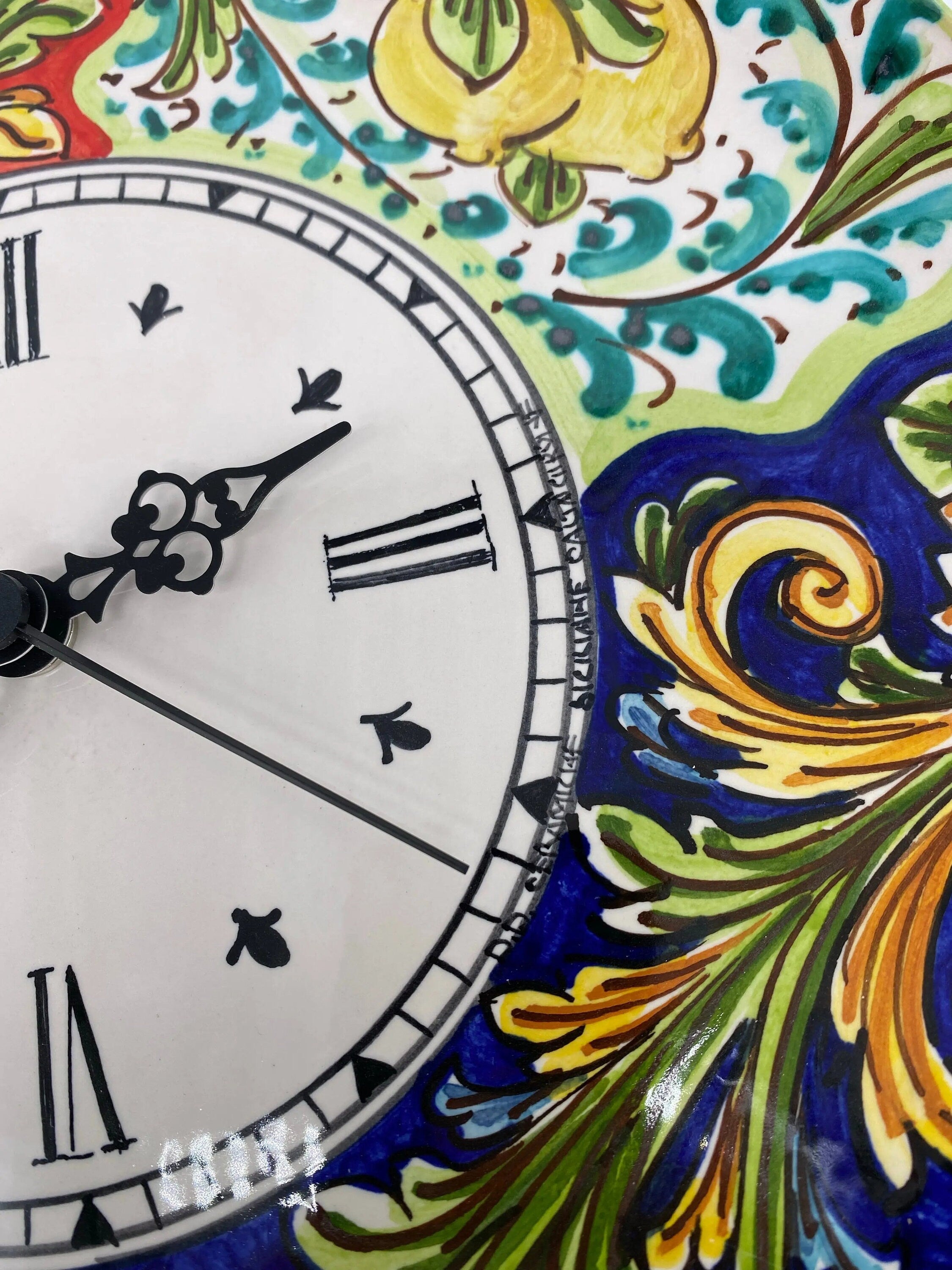 Orologio da Parete Ceramica Caltagirone Rotondo dipinto a mano cm D.30 Decoro n.3 DD CERAMICHE SICILIANE