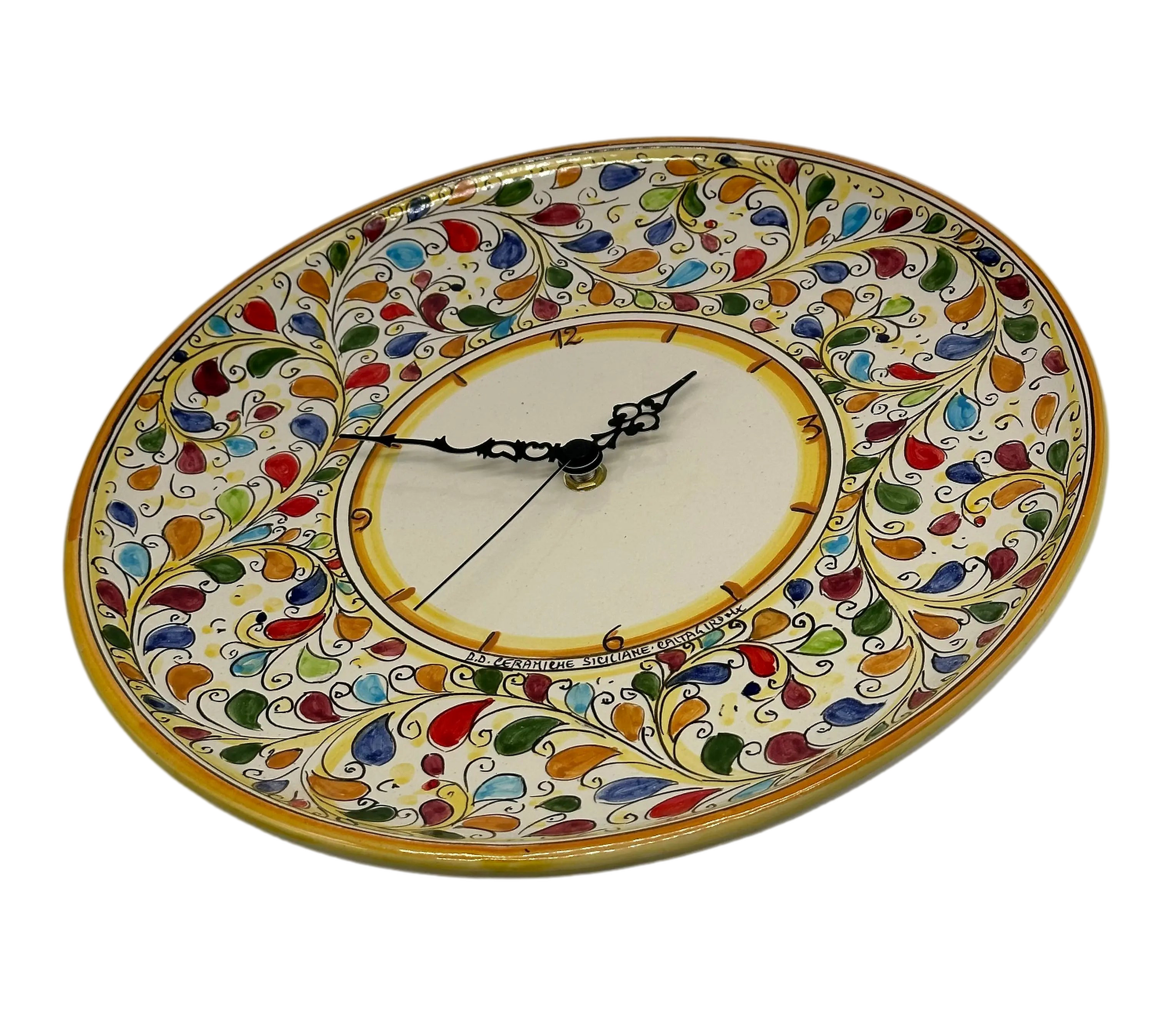 Orologio da Parete Ceramica Caltagirone Rotondo dipinto a mano cm D.30 Decoro n.11g DD CERAMICHE SICILIANE