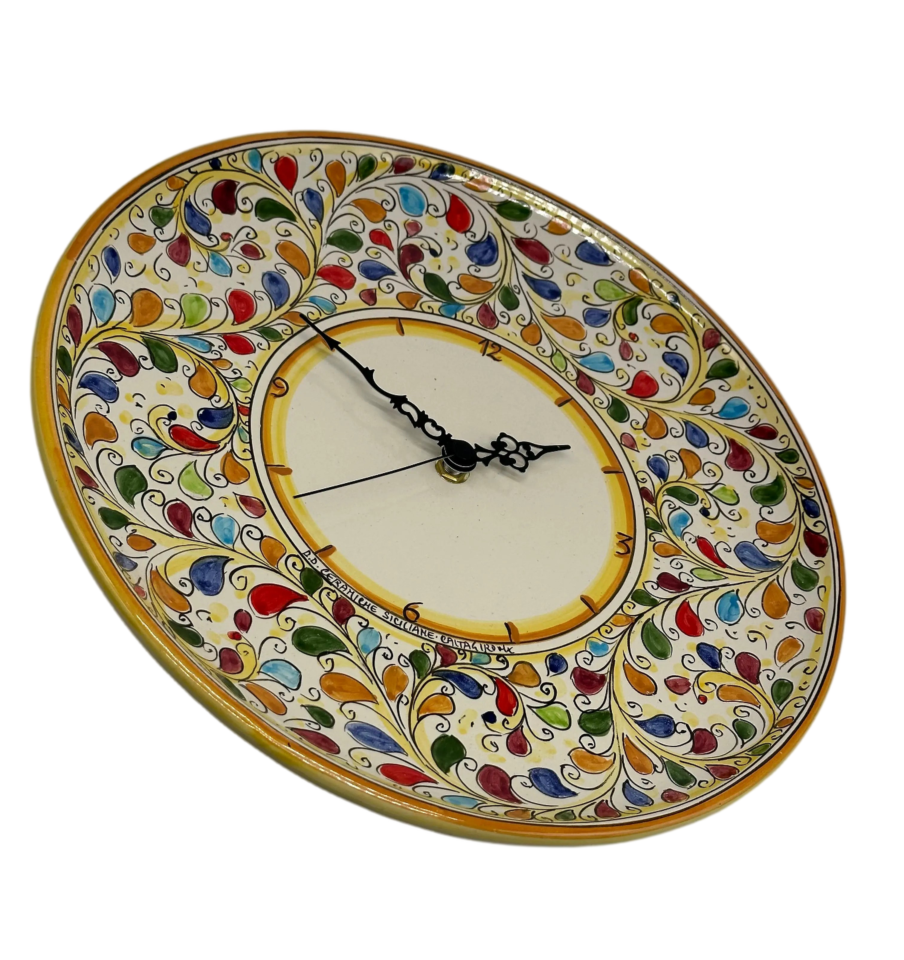 Orologio da Parete Ceramica Caltagirone Rotondo dipinto a mano cm D.30 Decoro n.11g DD CERAMICHE SICILIANE