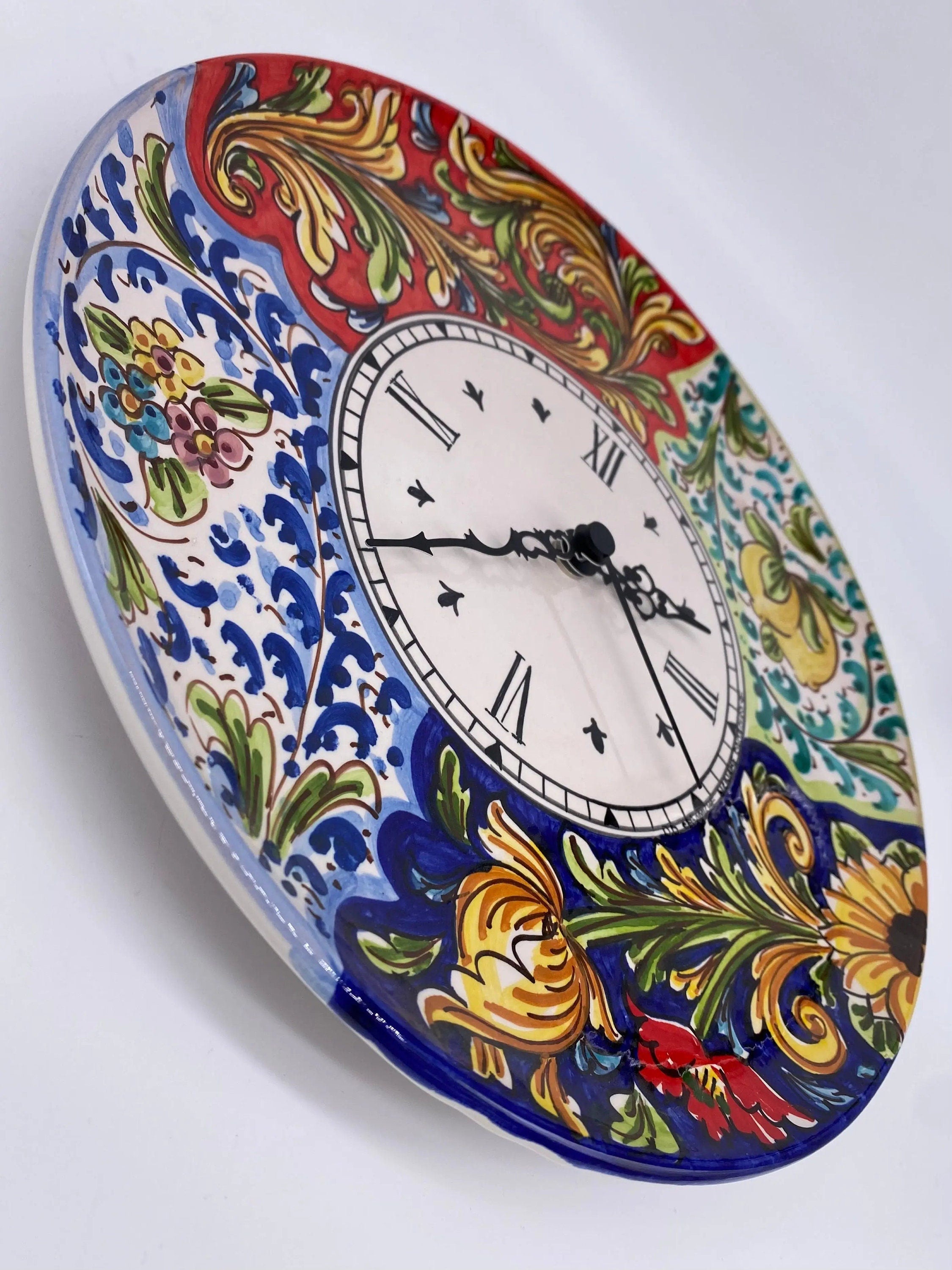 Orologio da Parete Ceramica Caltagirone Rotondo dipinto a mano cm D.30 Decoro n.3 DD CERAMICHE SICILIANE