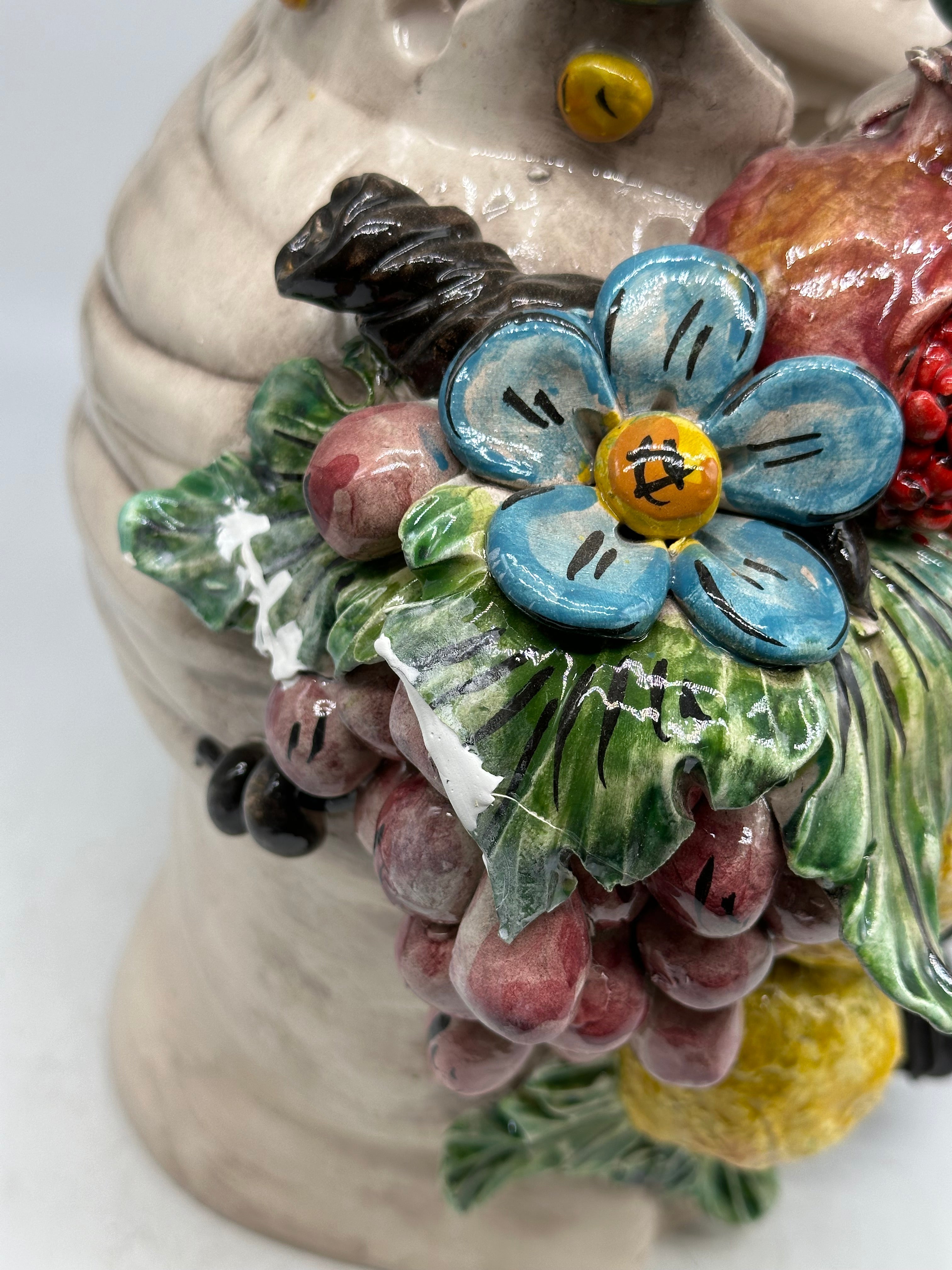 Pezzo con Difetto - Testa di Moro Fiori Frutta Uomo Ceramica Caltagirone cm H.30 L.23 Artigianale - TESTE DI MORO