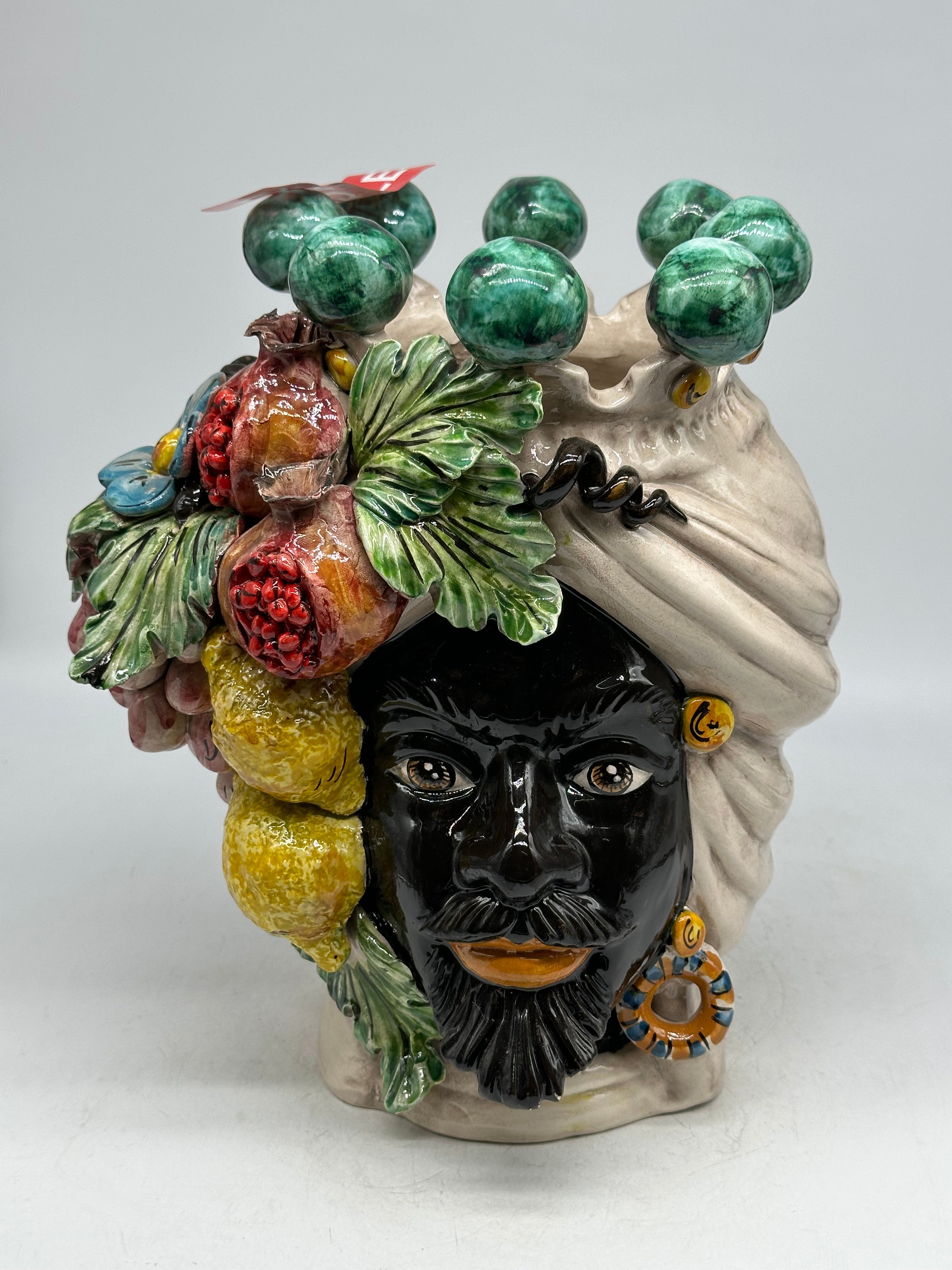 Pezzo con Difetto - Testa di Moro Fiori Frutta Uomo Ceramica Caltagirone cm H.30 L.23 Artigianale - TESTE DI MORO