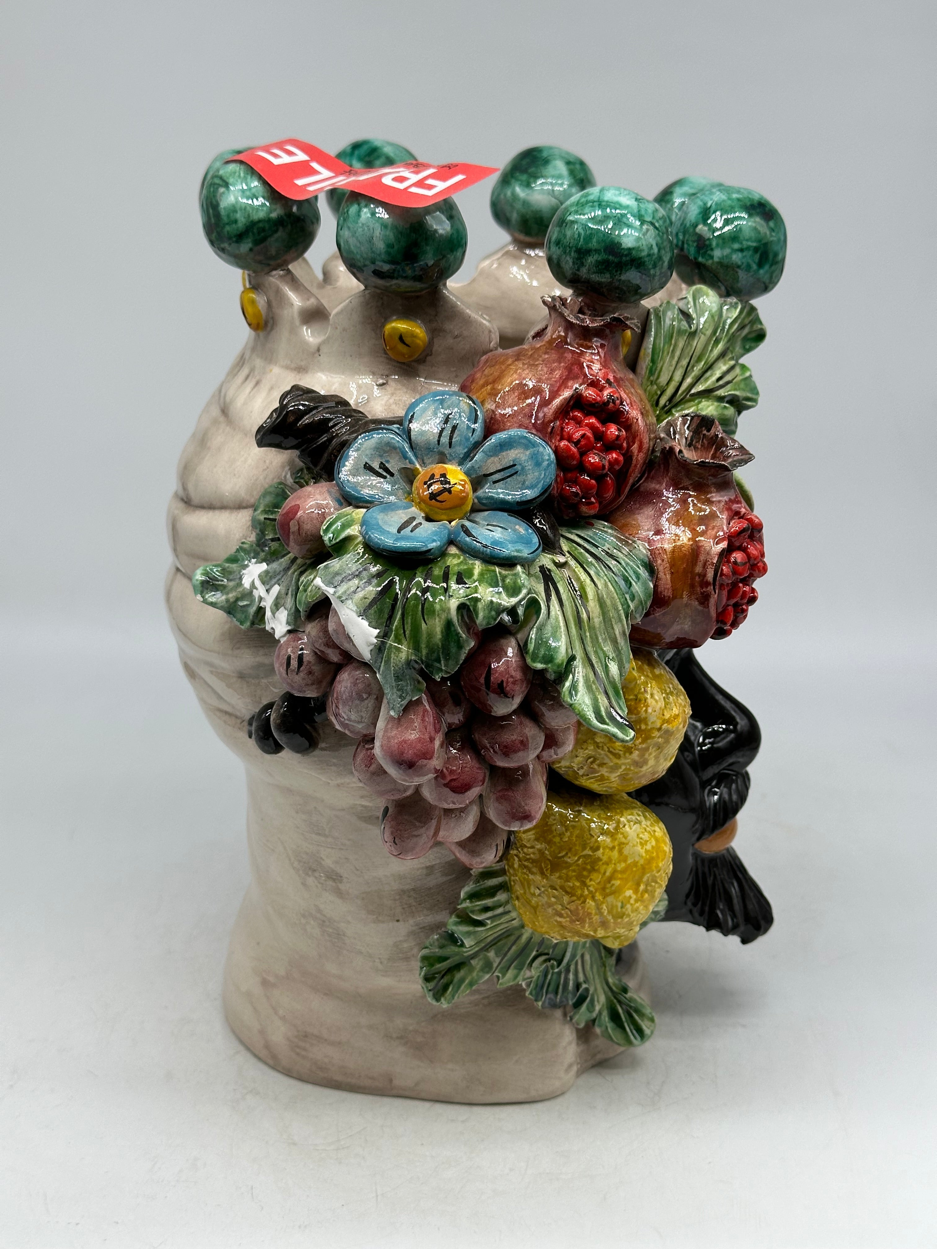 Pezzo con Difetto - Testa di Moro Fiori Frutta Uomo Ceramica Caltagirone cm H.30 L.23 Artigianale - TESTE DI MORO