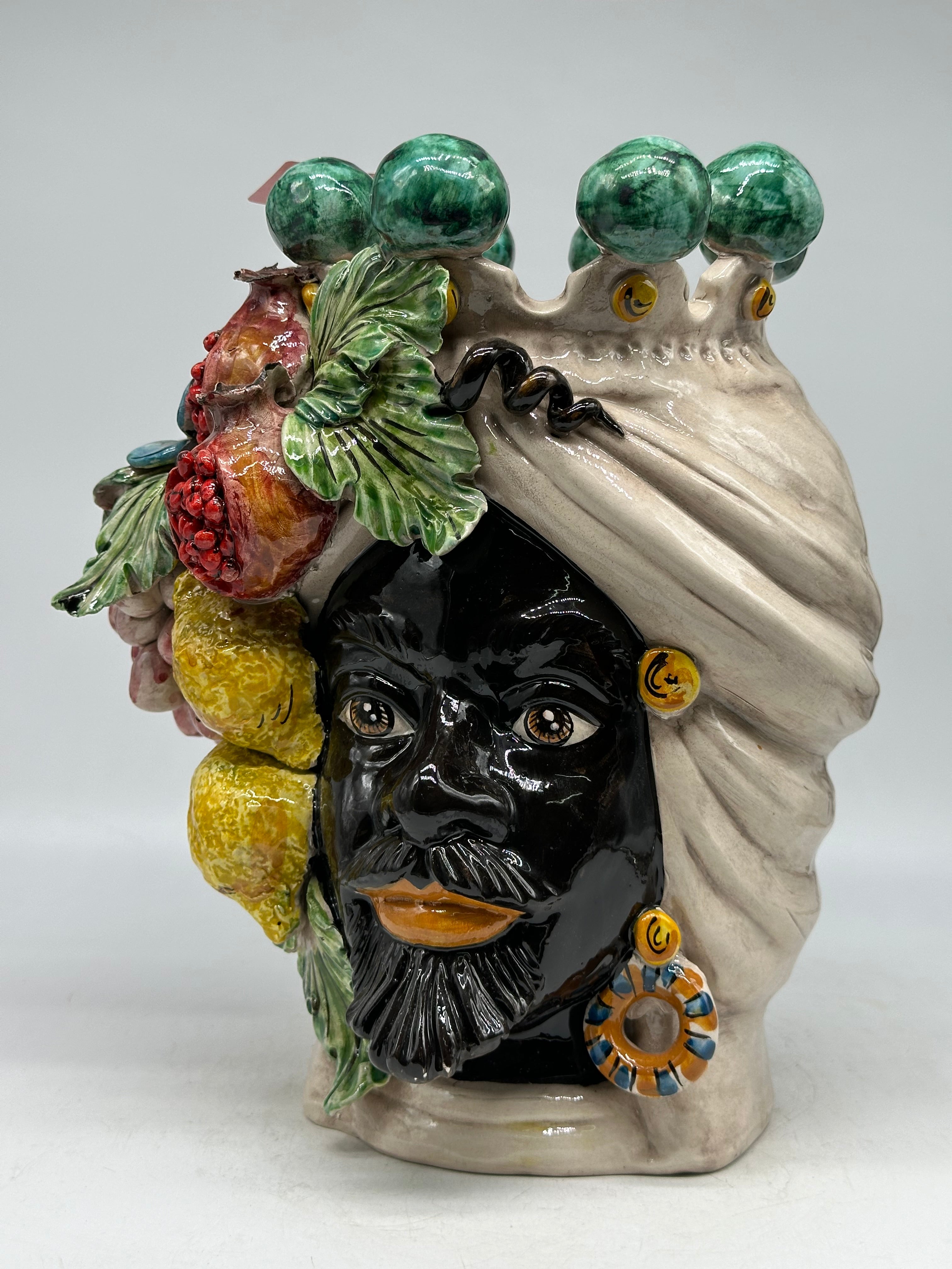 Pezzo con Difetto - Testa di Moro Fiori Frutta Uomo Ceramica Caltagirone cm H.30 L.23 Artigianale - TESTE DI MORO