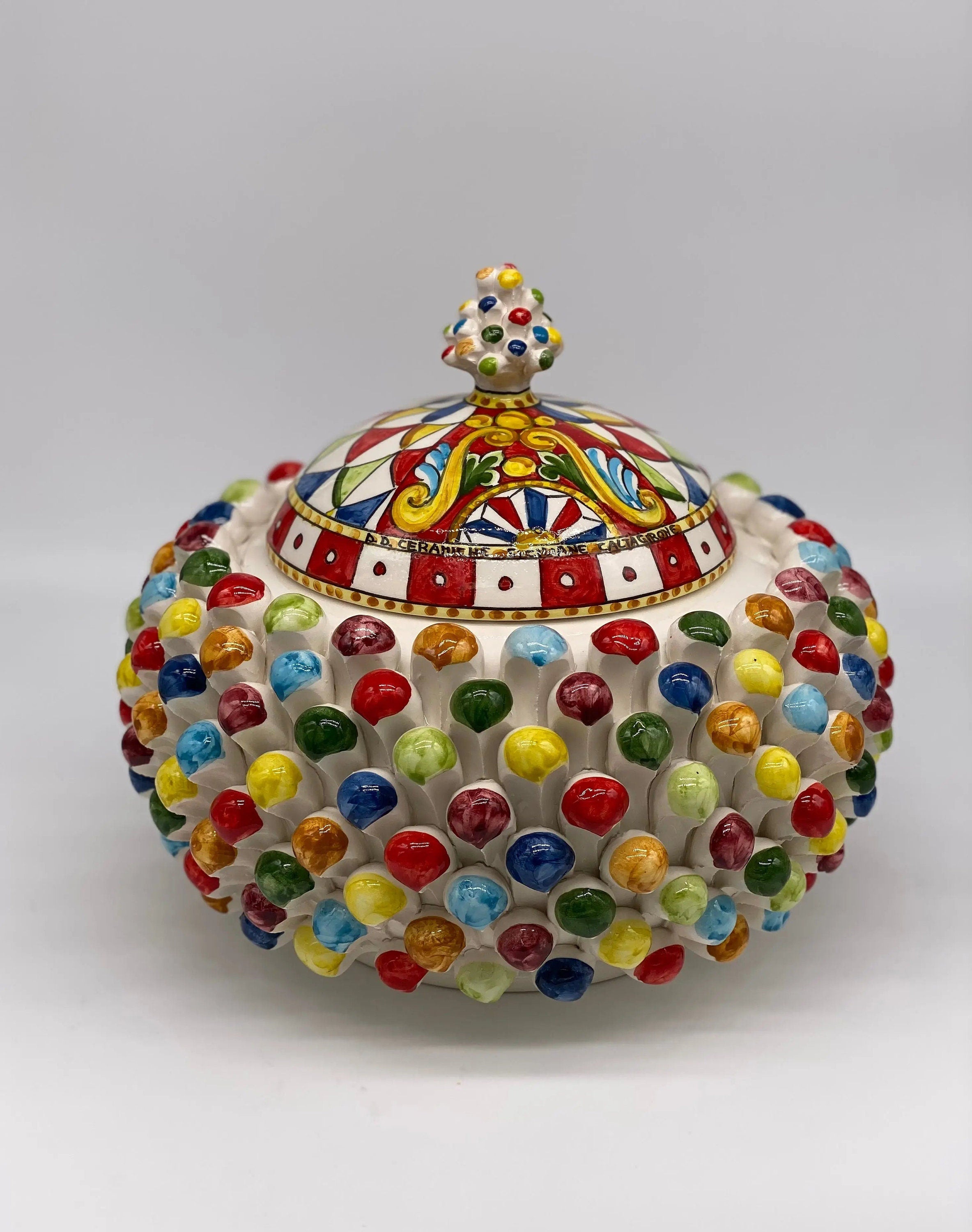 Pigna Biscottiera “Carretto” Ceramica Caltagirone cm H.23 L.25 D.14 Artigianale Multicolor DD CERAMICHE SICILIANE