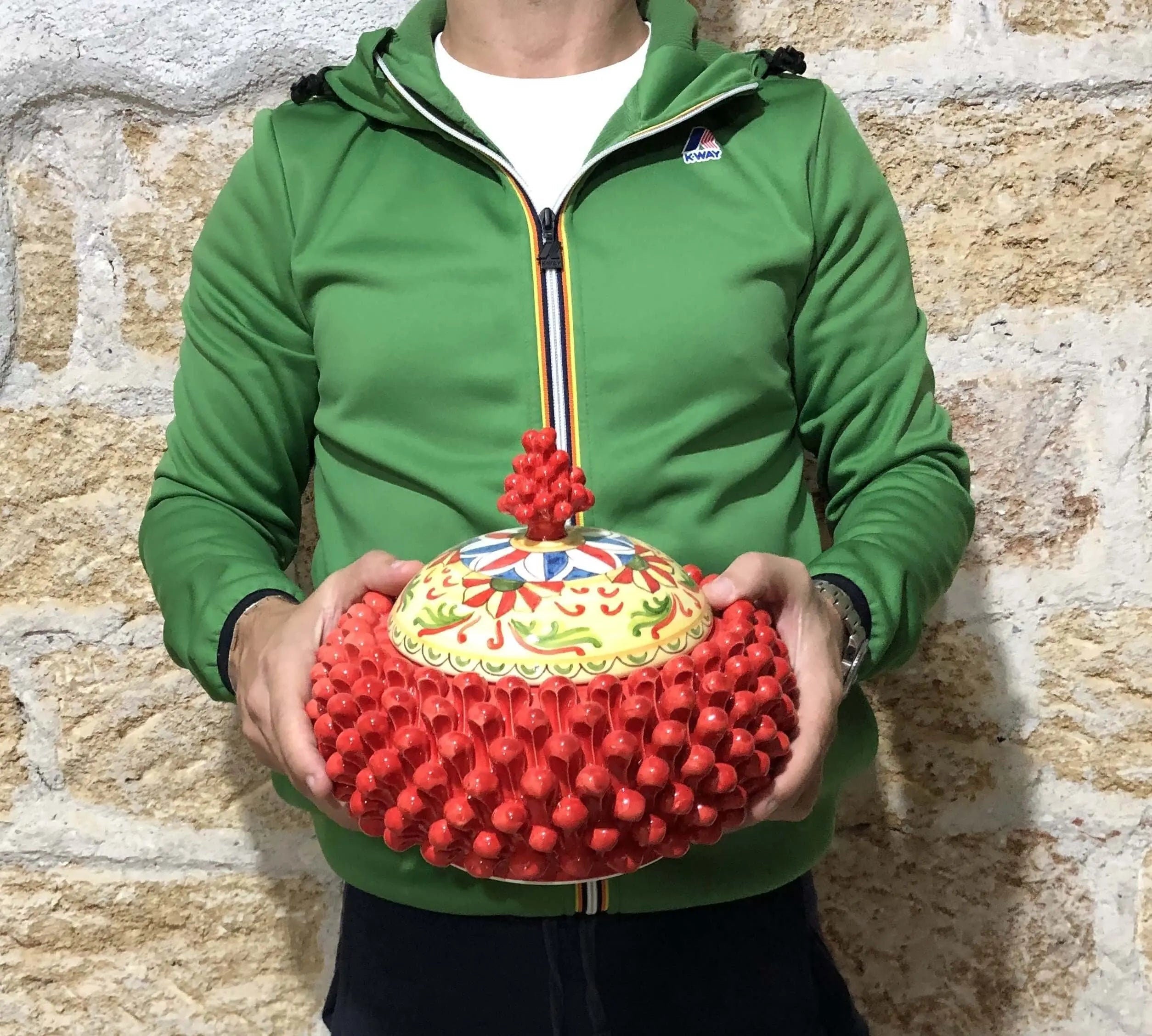 Pigna Biscottiera Decorata Ceramica Caltagirone cm H.23 L.25 D.14 Artigianale Rosso DD CERAMICHE SICILIANE