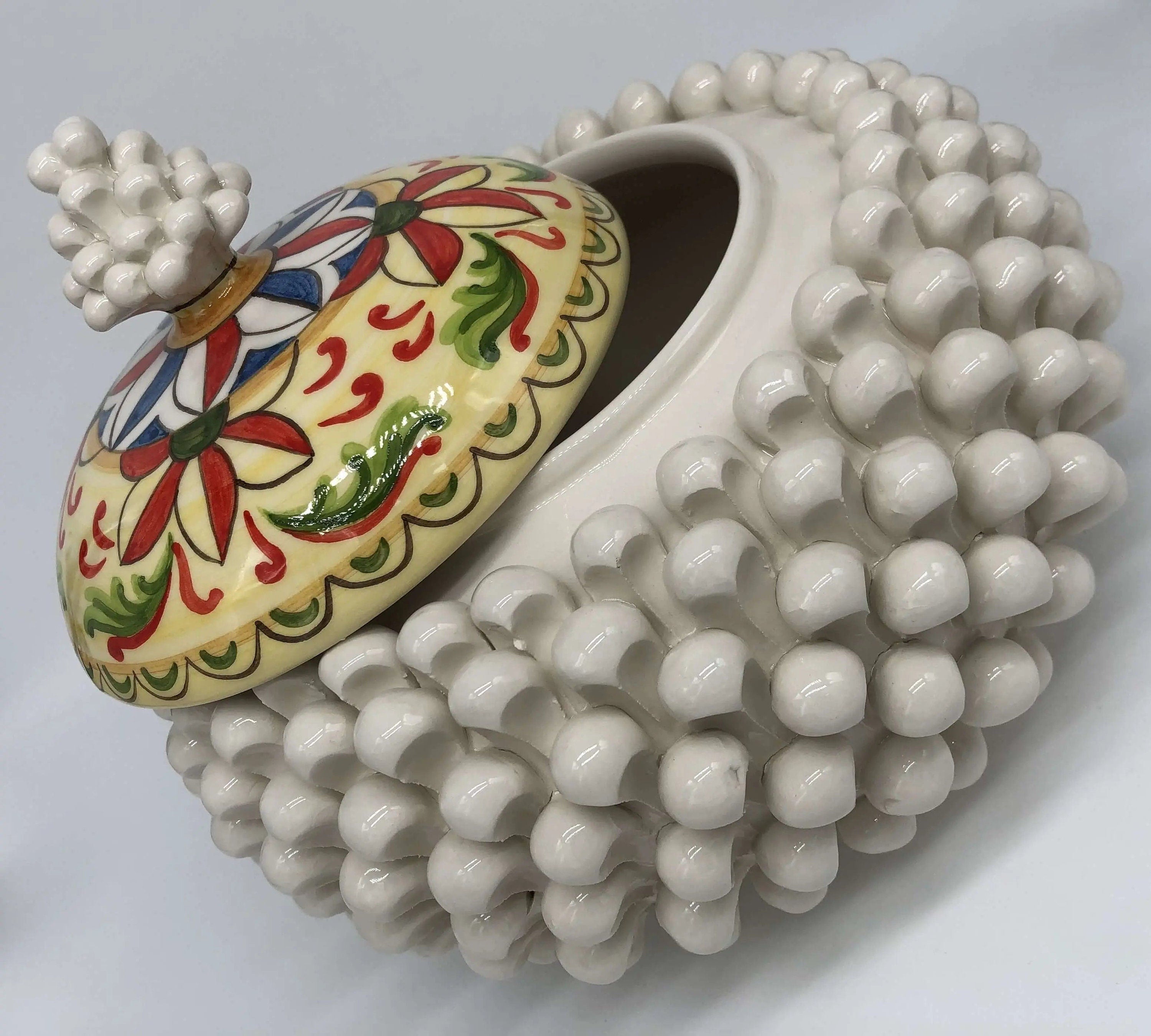 Pigna Biscottiera Decorata Ceramica Caltagirone cm H.23 L.25 D.14 Artigianale Bianco DD CERAMICHE SICILIANE
