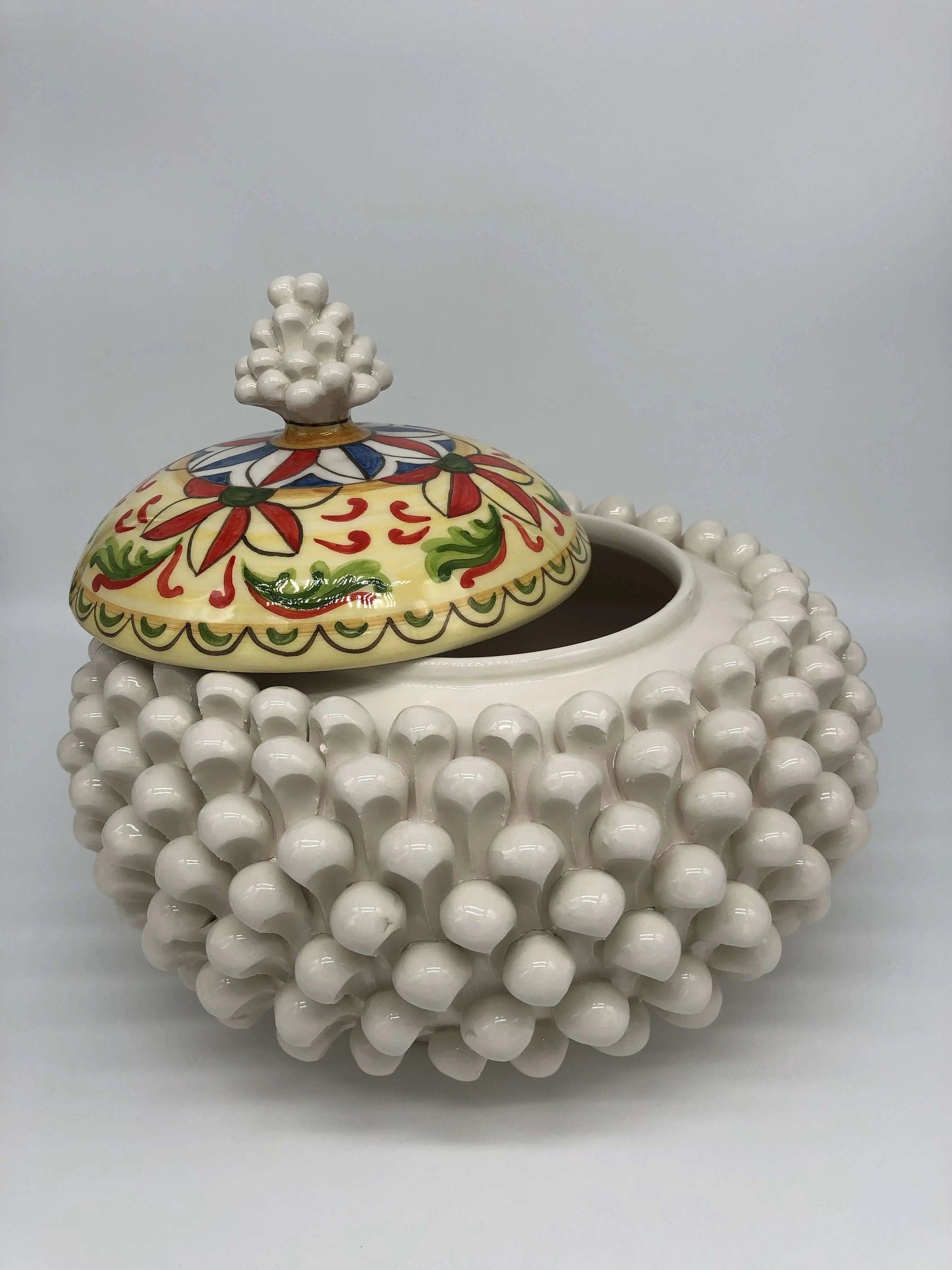 Pigna Biscottiera Decorata Ceramica Caltagirone cm H.23 L.25 D.14 Artigianale Bianco DD CERAMICHE SICILIANE