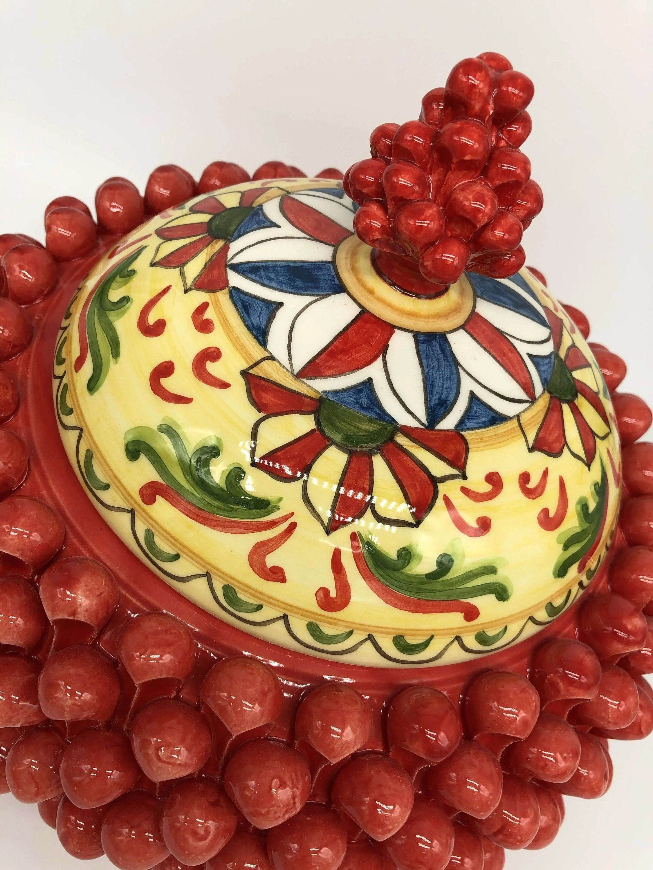 Pigna Biscottiera Decorata Ceramica Caltagirone cm H.23 L.25 D.14 Artigianale Rosso DD CERAMICHE SICILIANE