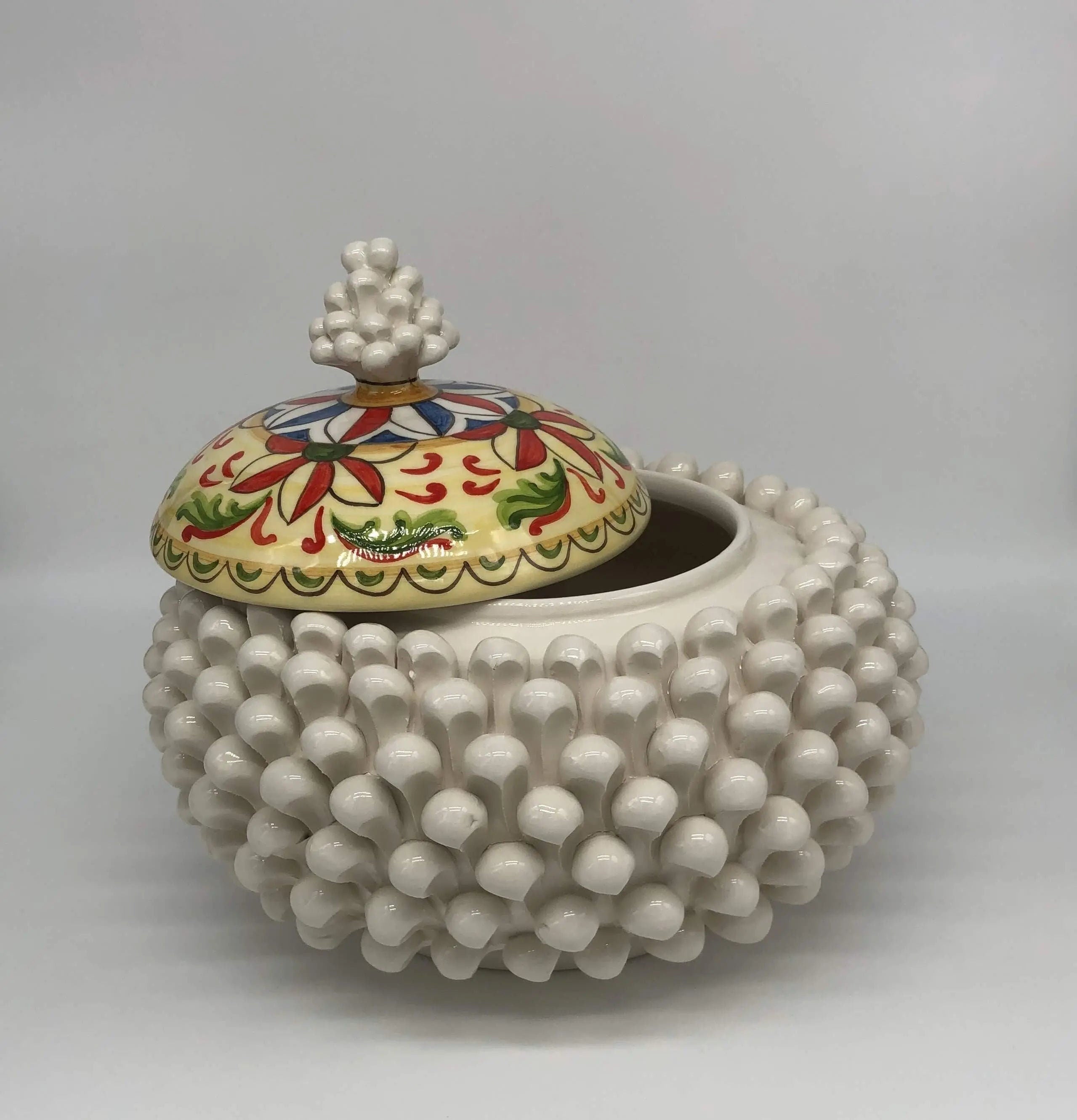 Pigna Biscottiera Decorata Ceramica Caltagirone cm H.23 L.25 D.14 Artigianale Bianco DD CERAMICHE SICILIANE