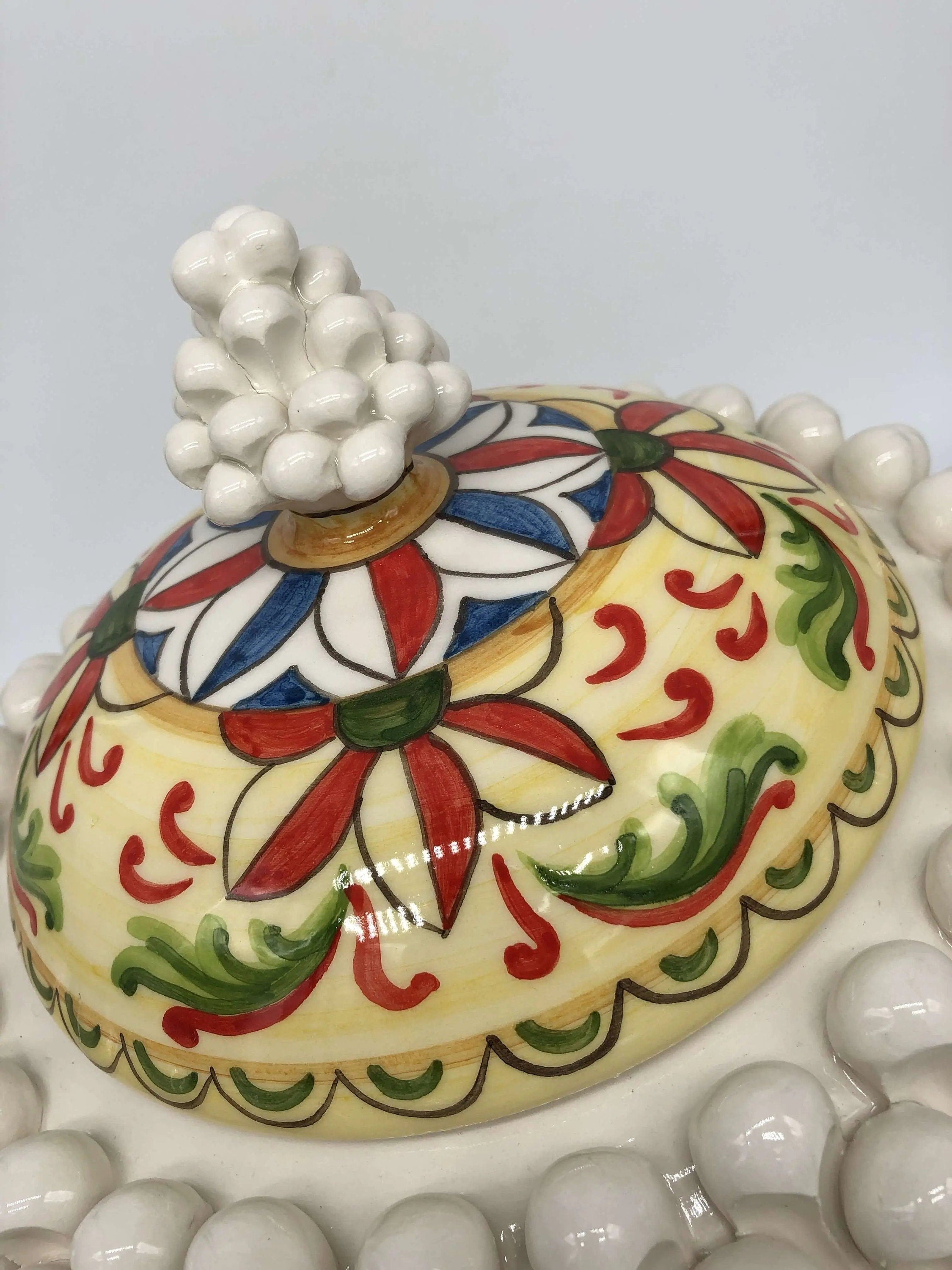 Pigna Biscottiera Decorata Ceramica Caltagirone cm H.23 L.25 D.14 Artigianale Bianco DD CERAMICHE SICILIANE