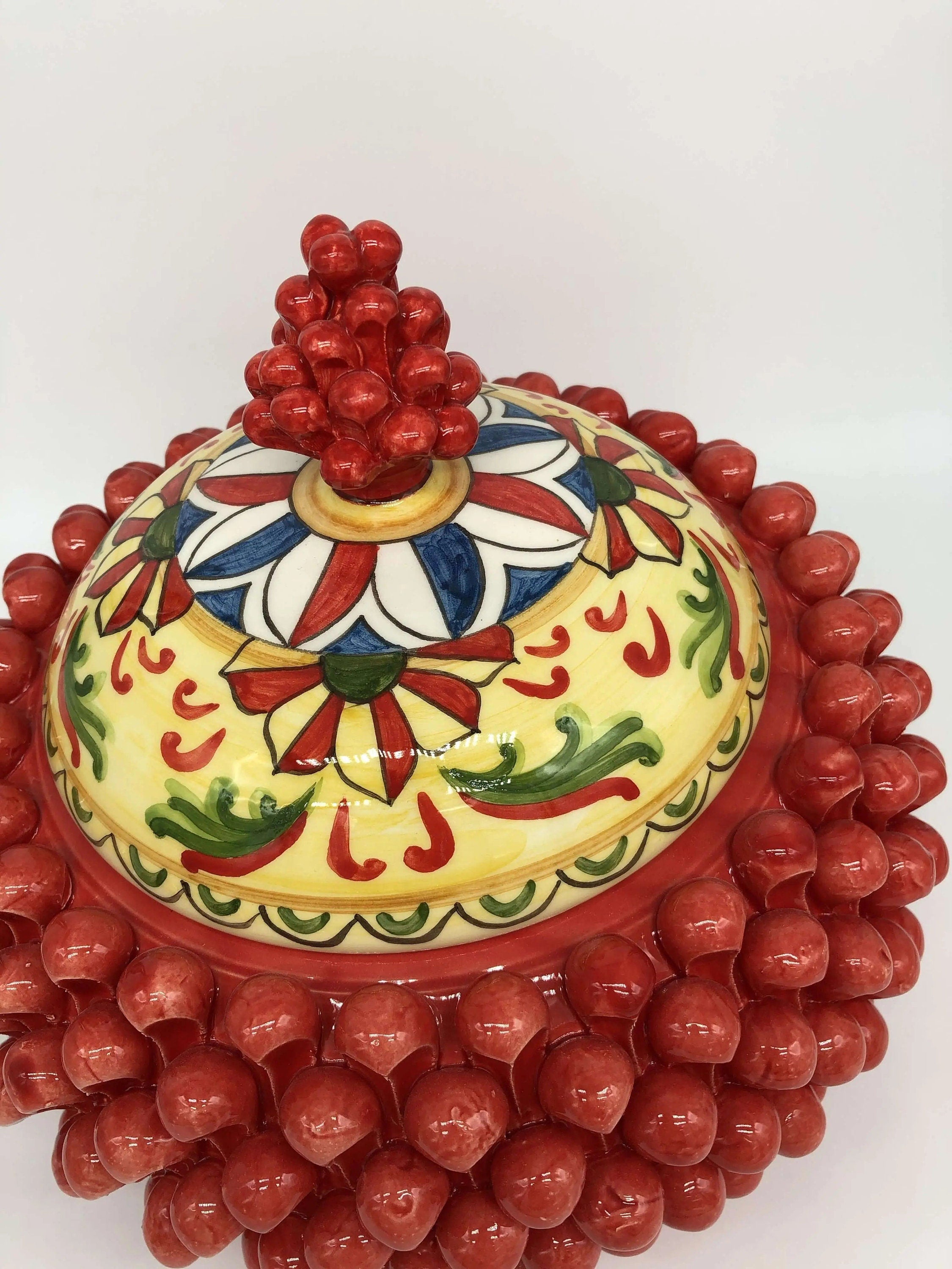 Pigna Biscottiera Decorata Ceramica Caltagirone cm H.23 L.25 D.14 Artigianale Rosso DD CERAMICHE SICILIANE