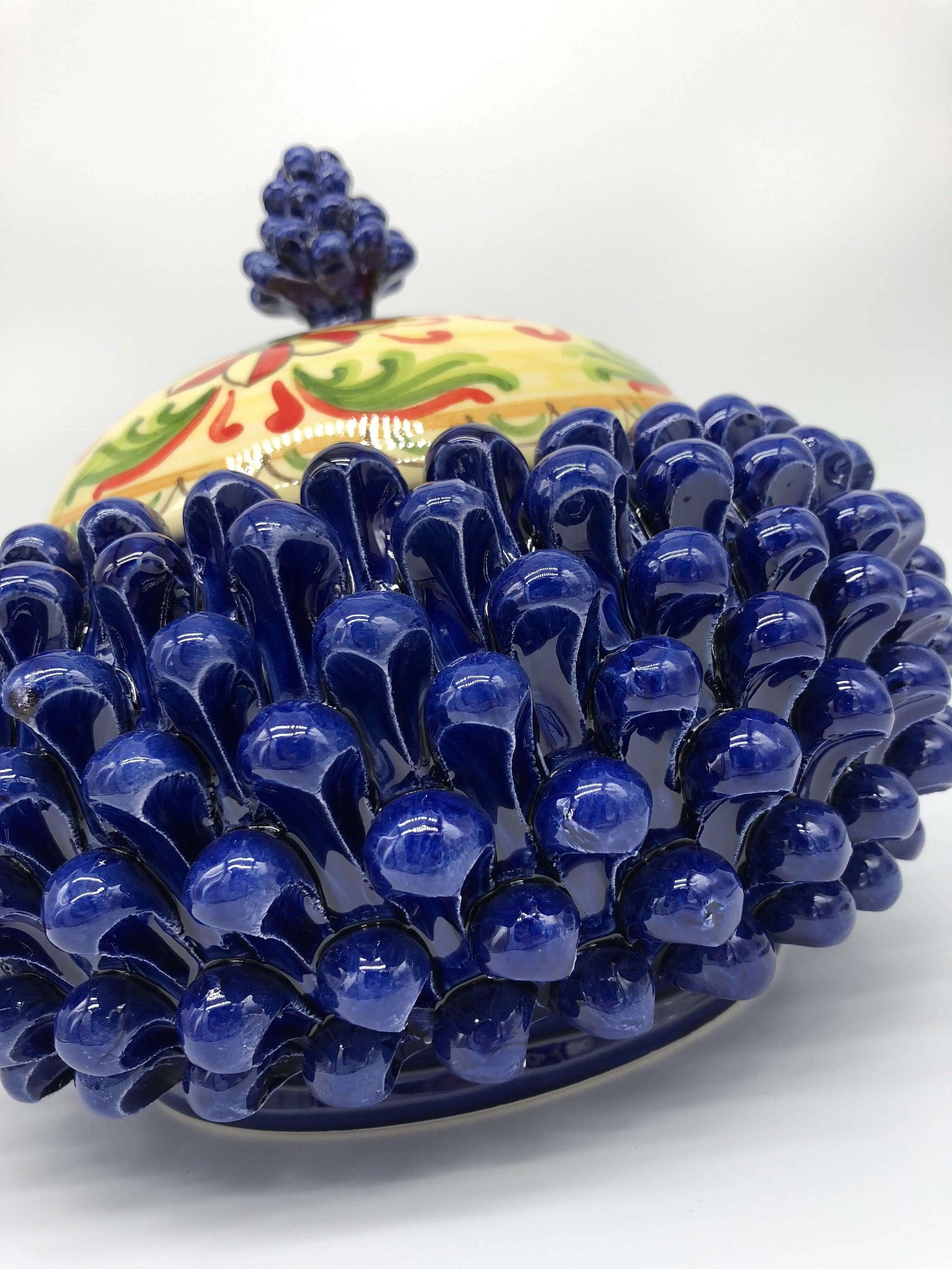 Pigna Biscottiera Decorata Ceramica Caltagirone cm H.23 L.25 D.14 Artigianale Blu DD CERAMICHE SICILIANE