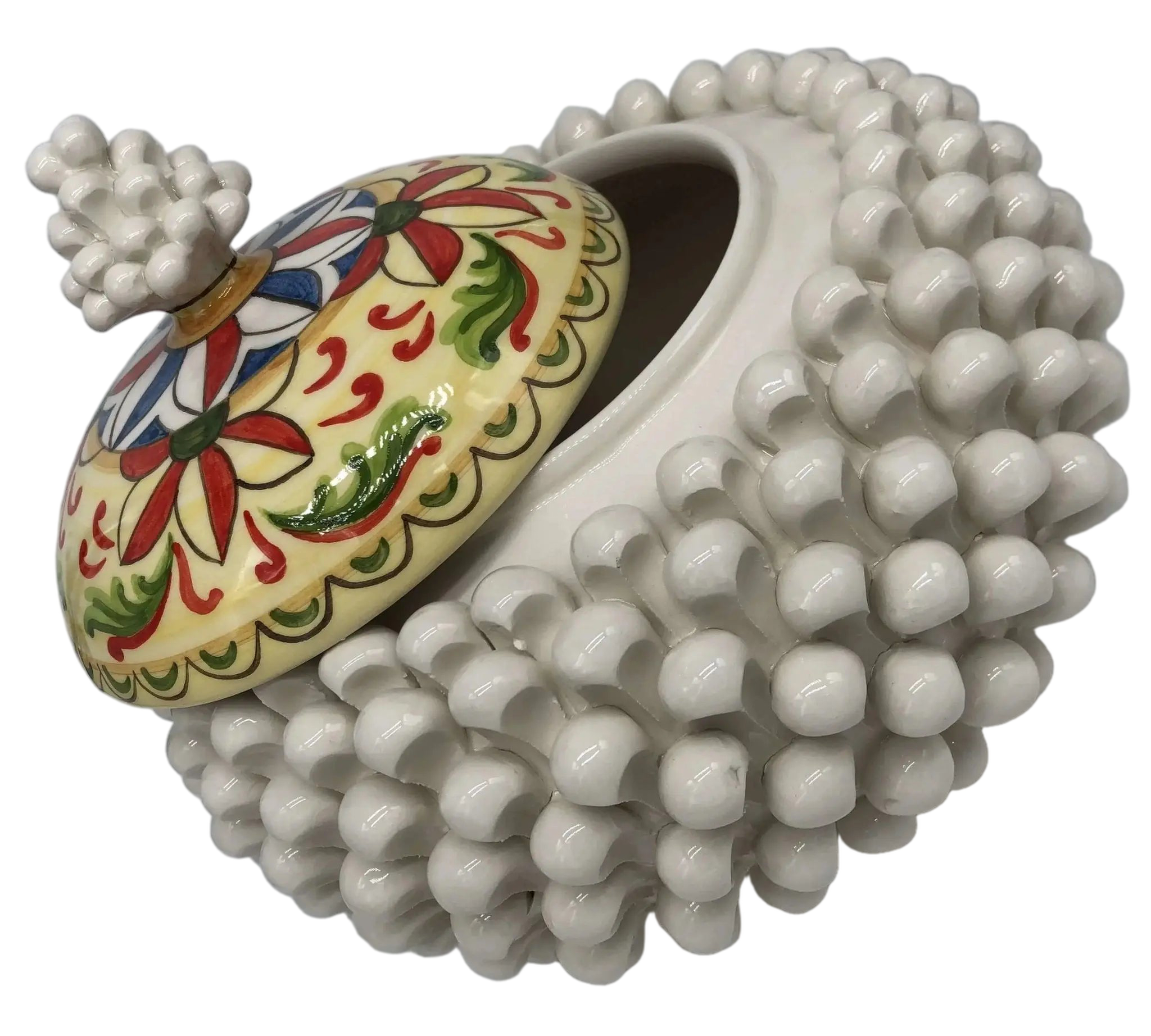 Pigna Biscottiera Decorata Ceramica Caltagirone cm H.23 L.25 D.14 Artigianale Bianco - DD CERAMICHE SICILIANE