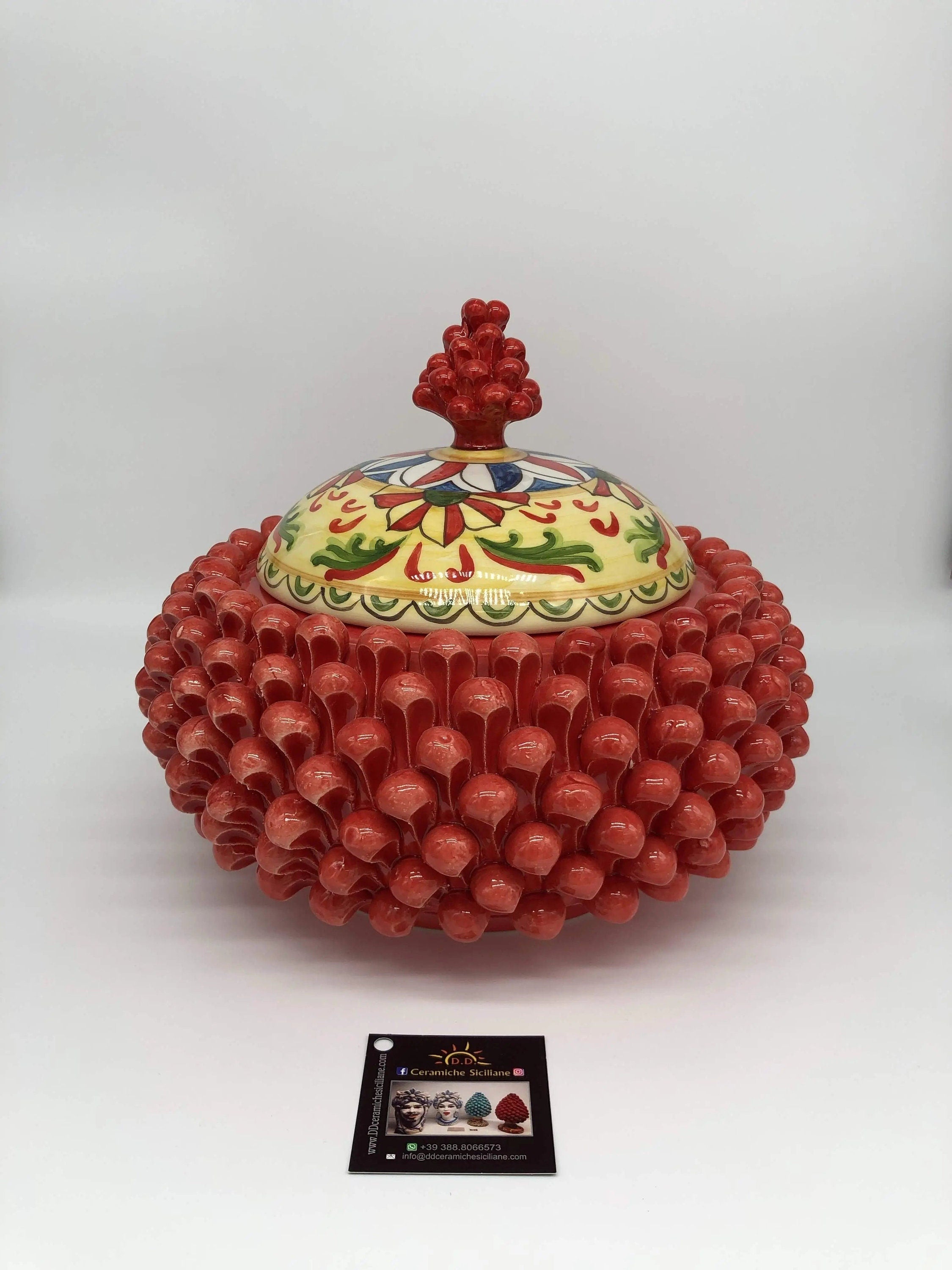 Pigna Biscottiera Decorata Ceramica Caltagirone cm H.23 L.25 D.14 Artigianale Rosso DD CERAMICHE SICILIANE