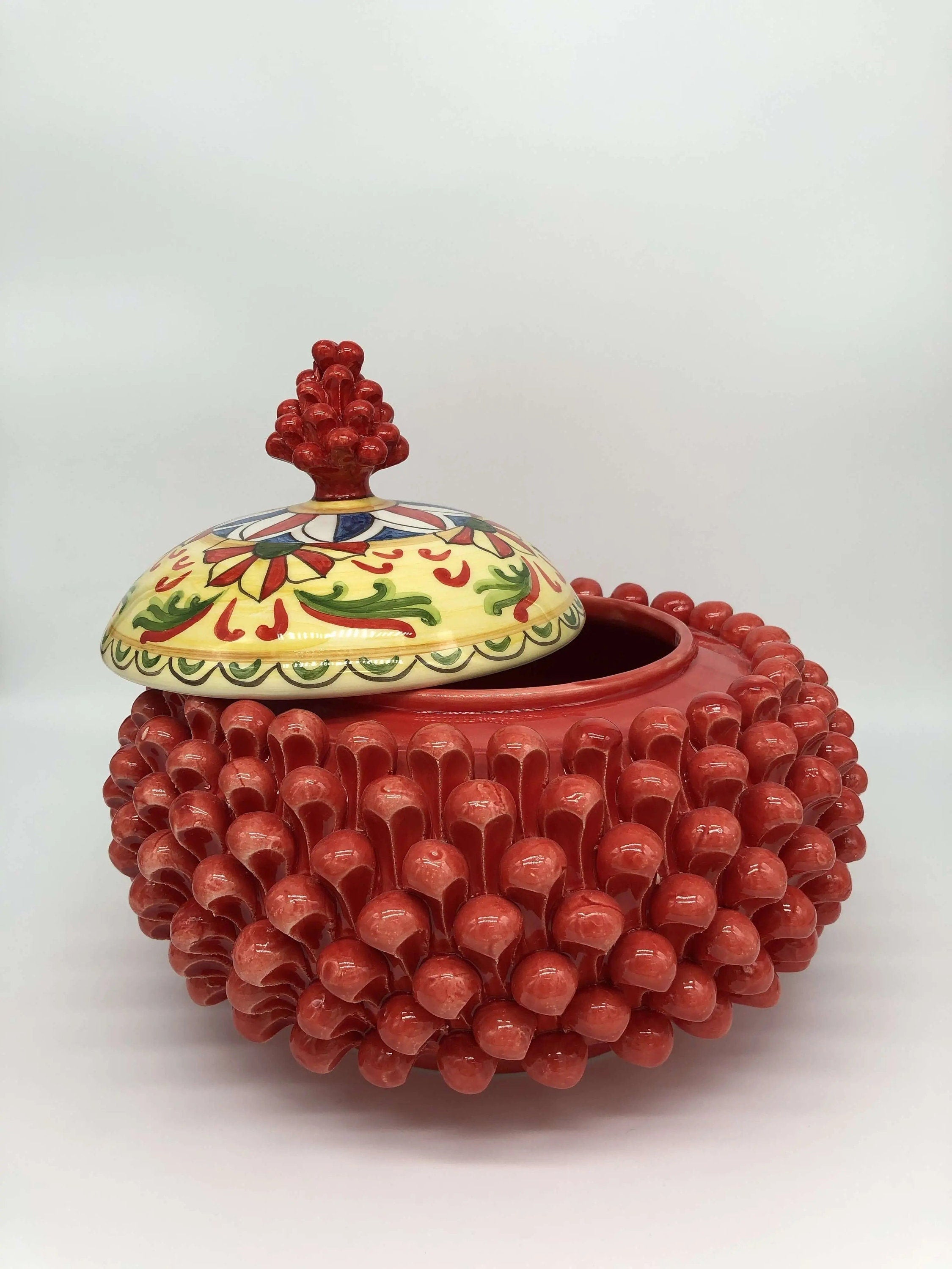Pigna Biscottiera Decorata Ceramica Caltagirone cm H.23 L.25 D.14 Artigianale Rosso DD CERAMICHE SICILIANE