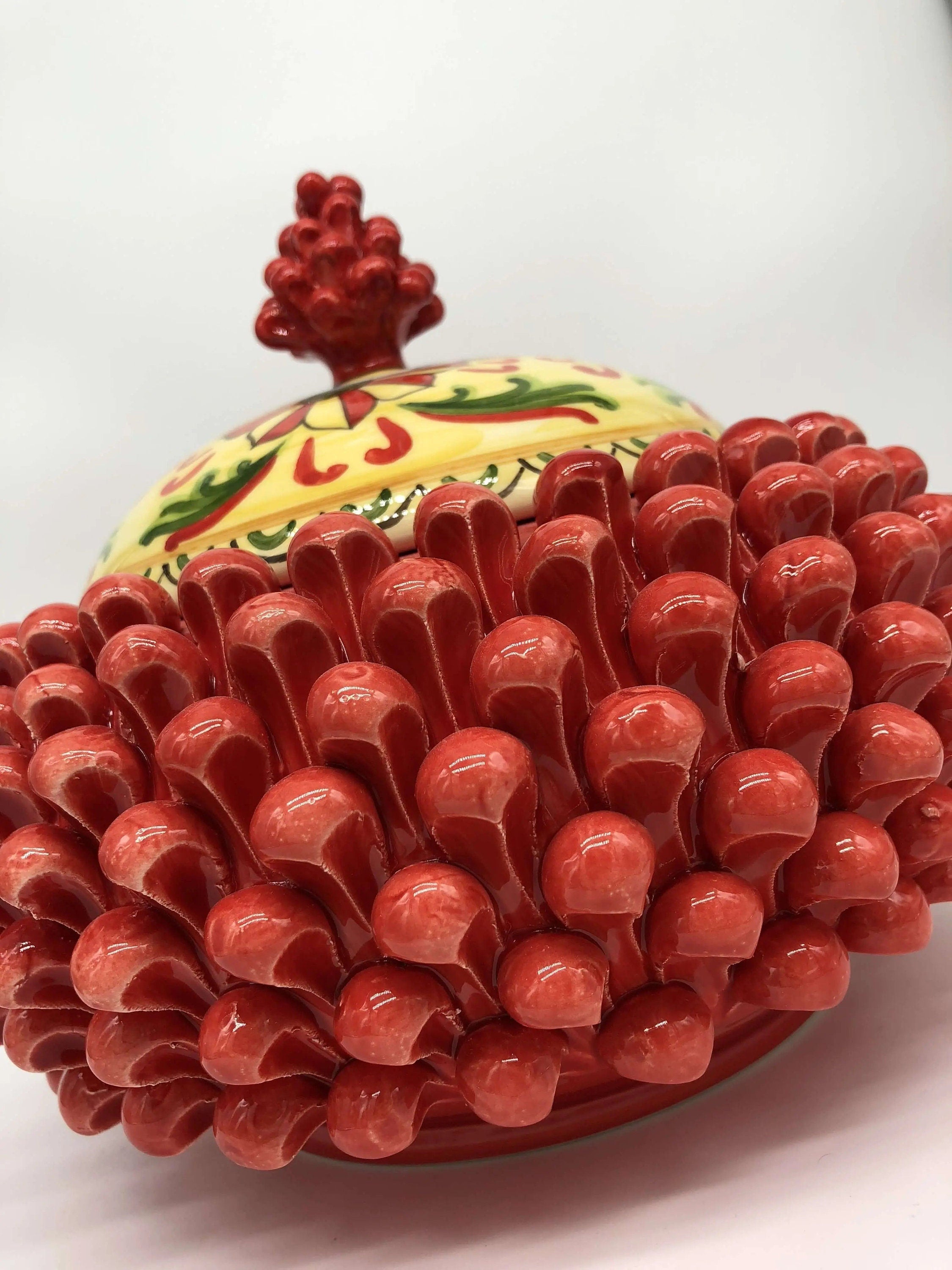 Pigna Biscottiera Decorata Ceramica Caltagirone cm H.23 L.25 D.14 Artigianale Rosso DD CERAMICHE SICILIANE