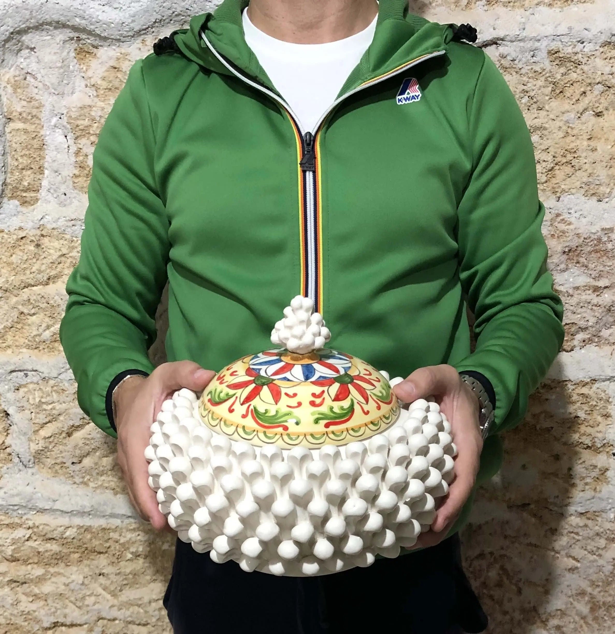 Pigna Biscottiera Decorata Ceramica Caltagirone cm H.23 L.25 D.14 Artigianale Bianco DD CERAMICHE SICILIANE
