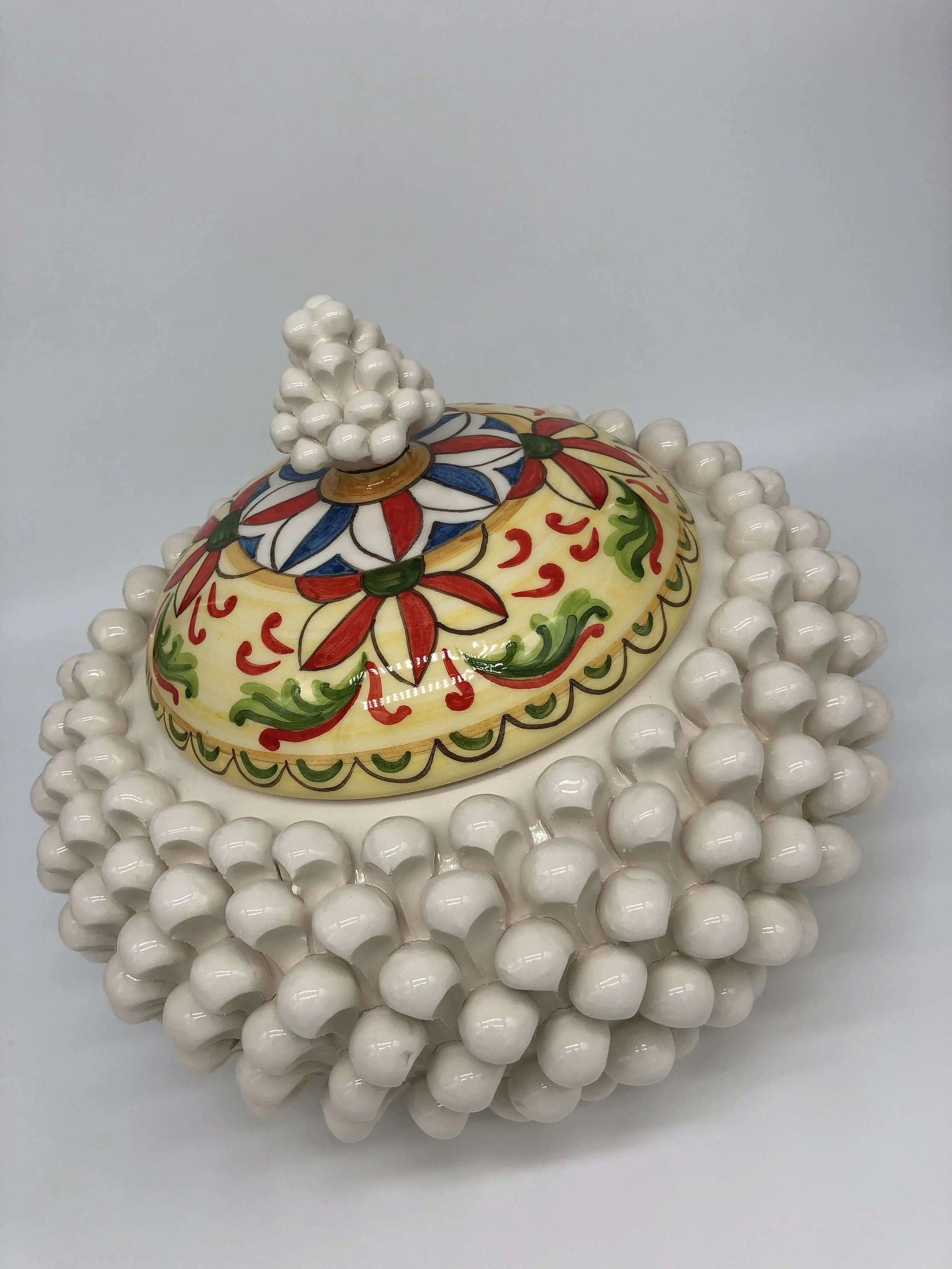 Pigna Biscottiera Decorata Ceramica Caltagirone cm H.23 L.25 D.14 Artigianale Bianco DD CERAMICHE SICILIANE