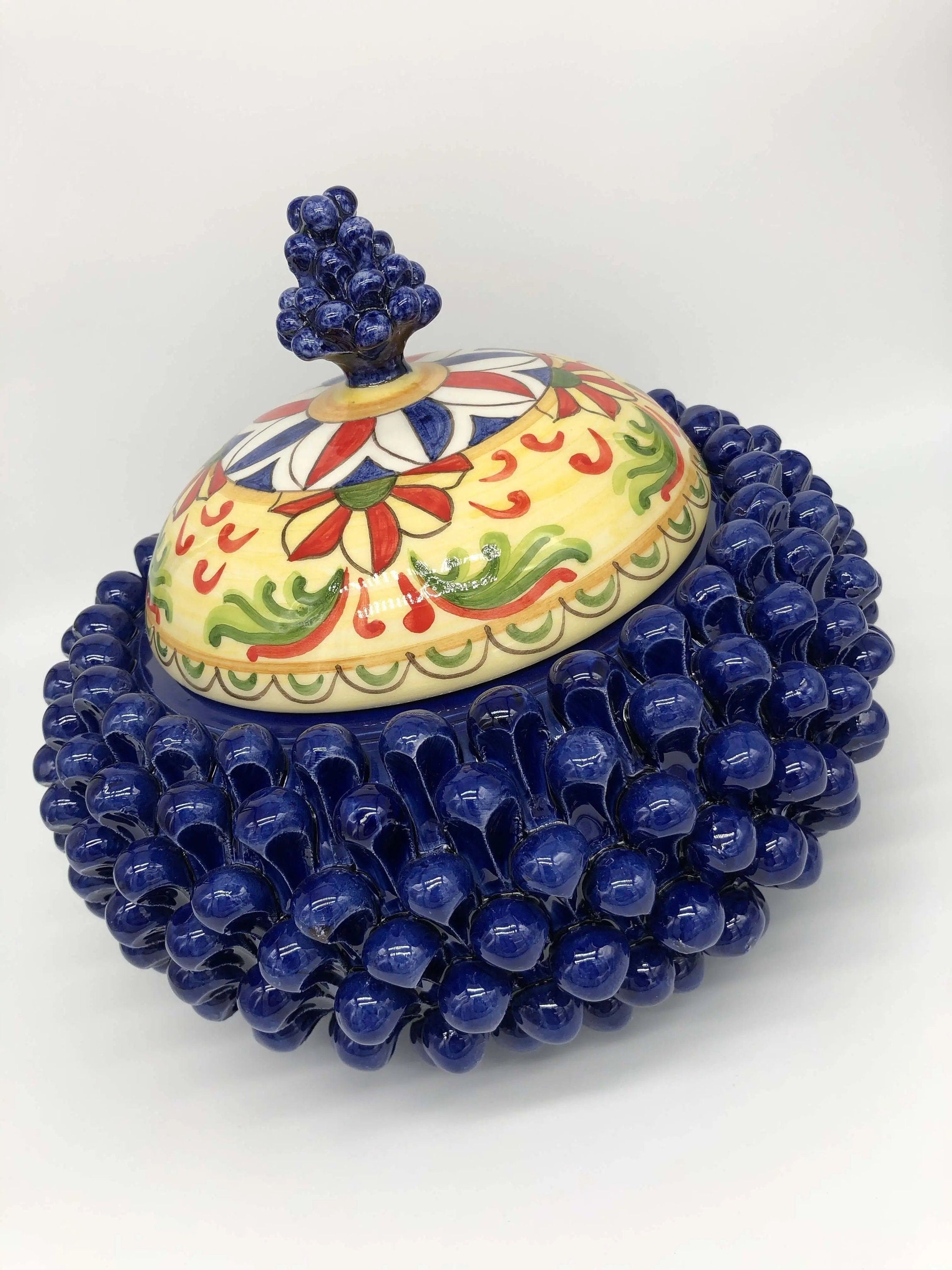 Pigna Biscottiera Decorata Ceramica Caltagirone cm H.23 L.25 D.14 Artigianale Blu DD CERAMICHE SICILIANE