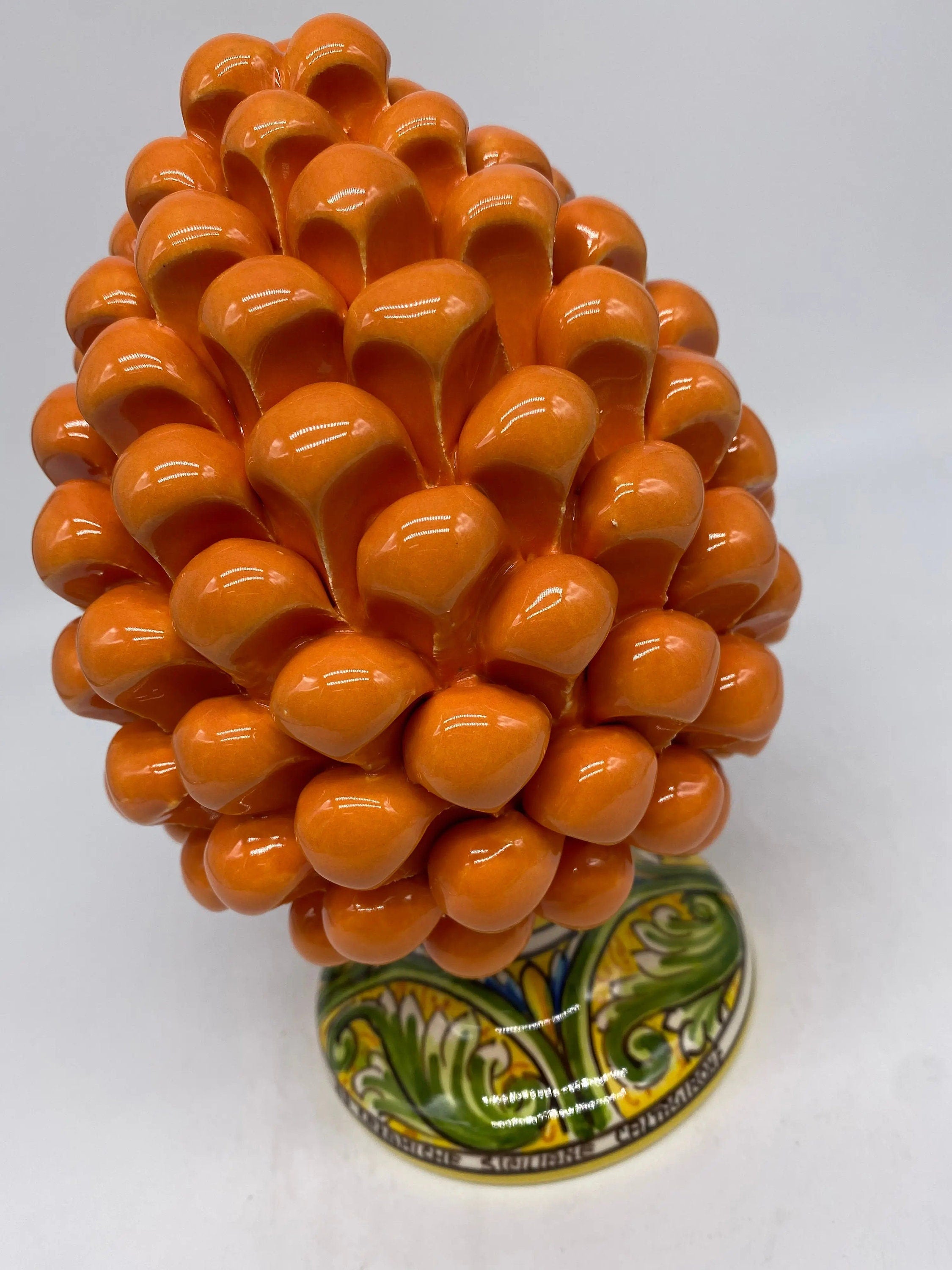 Pigna Ceramica Caltagirone cm H.20 Artigianale Arancione Base Decorata DD CERAMICHE SICILIANE