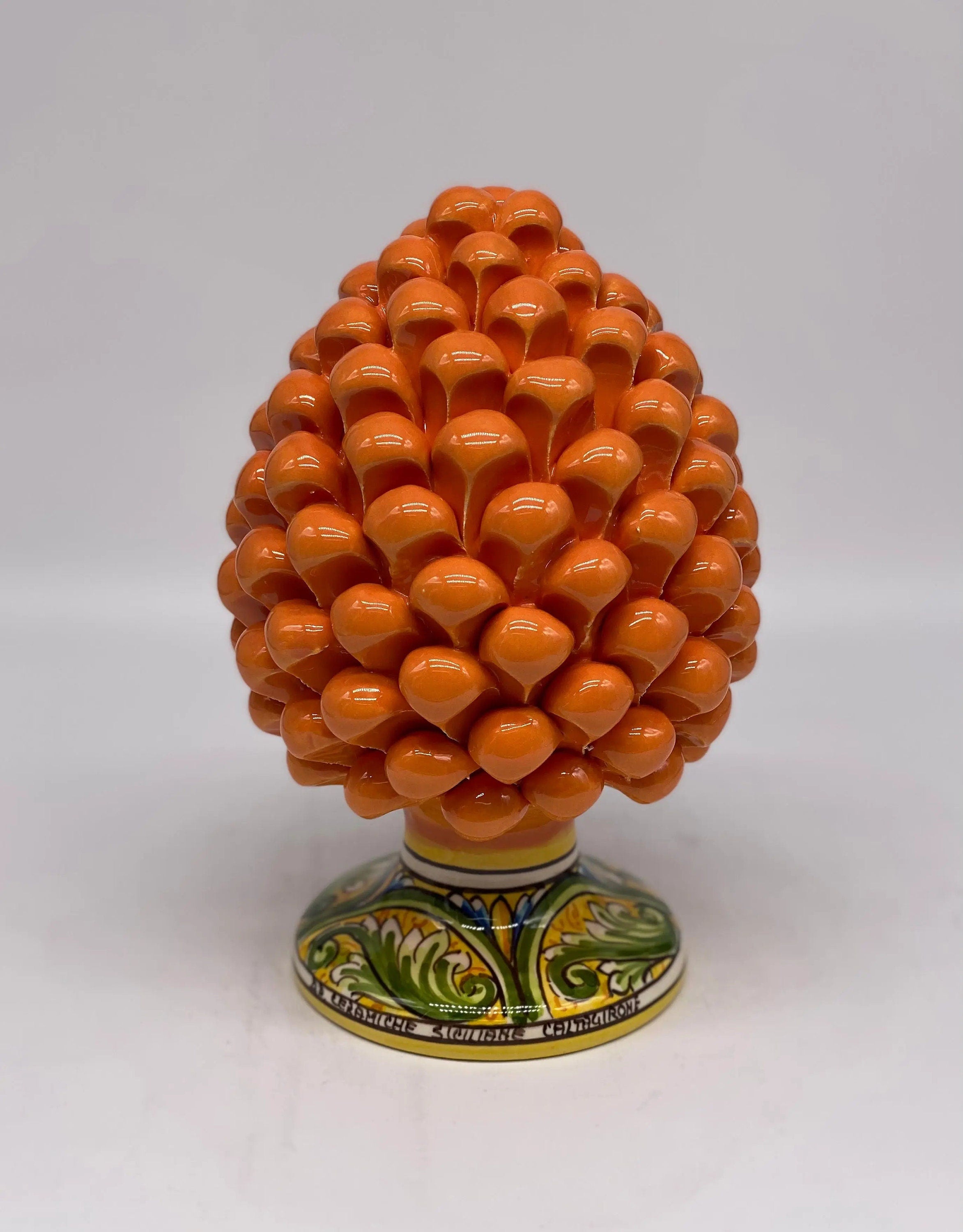 Pigna Ceramica Caltagirone cm H.20 Artigianale Arancione Base Decorata DD CERAMICHE SICILIANE
