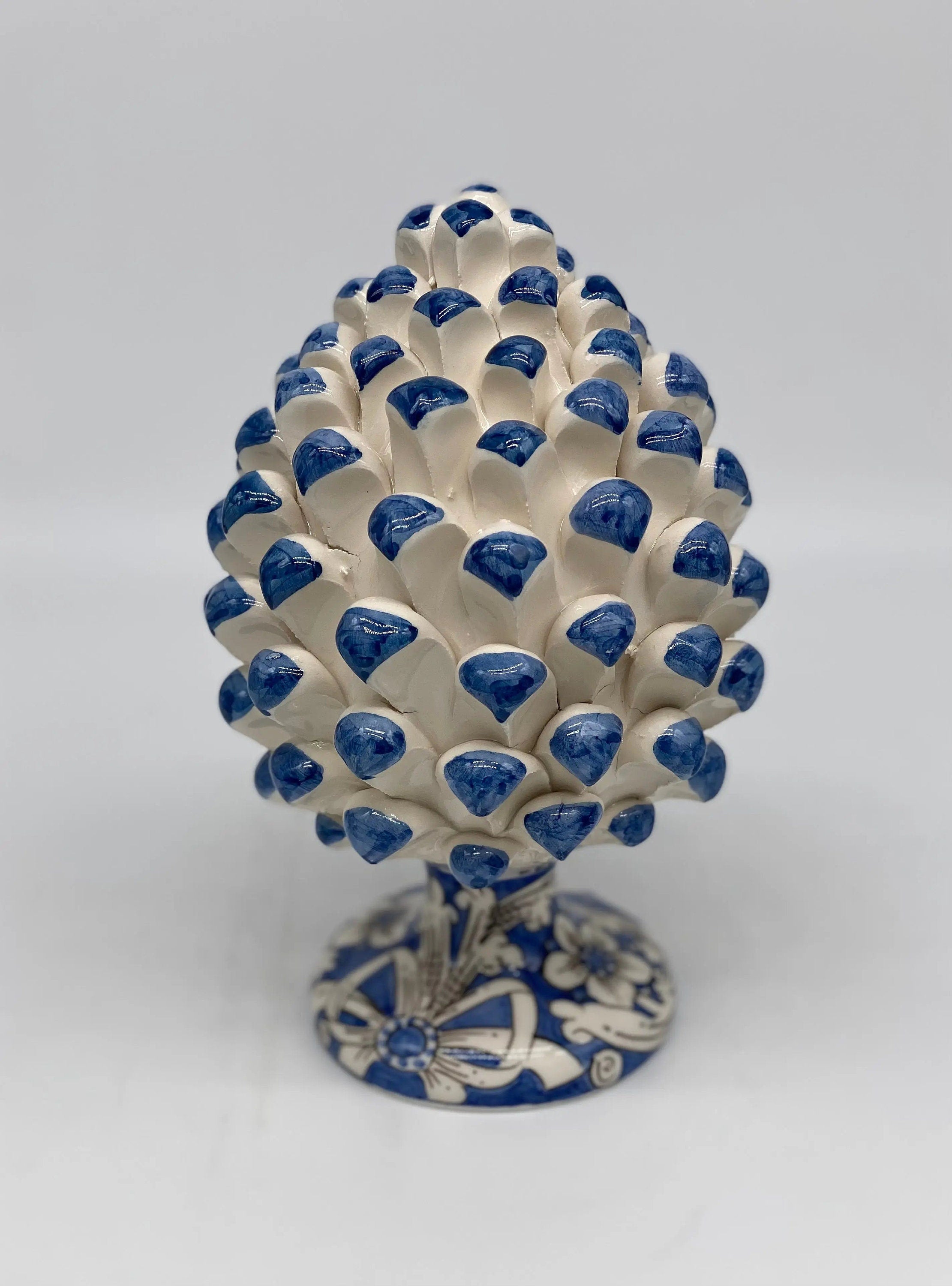Pigna Ceramica Caltagirone cm H.20 Artigianale Base Decorata Punte Blu DD CERAMICHE SICILIANE